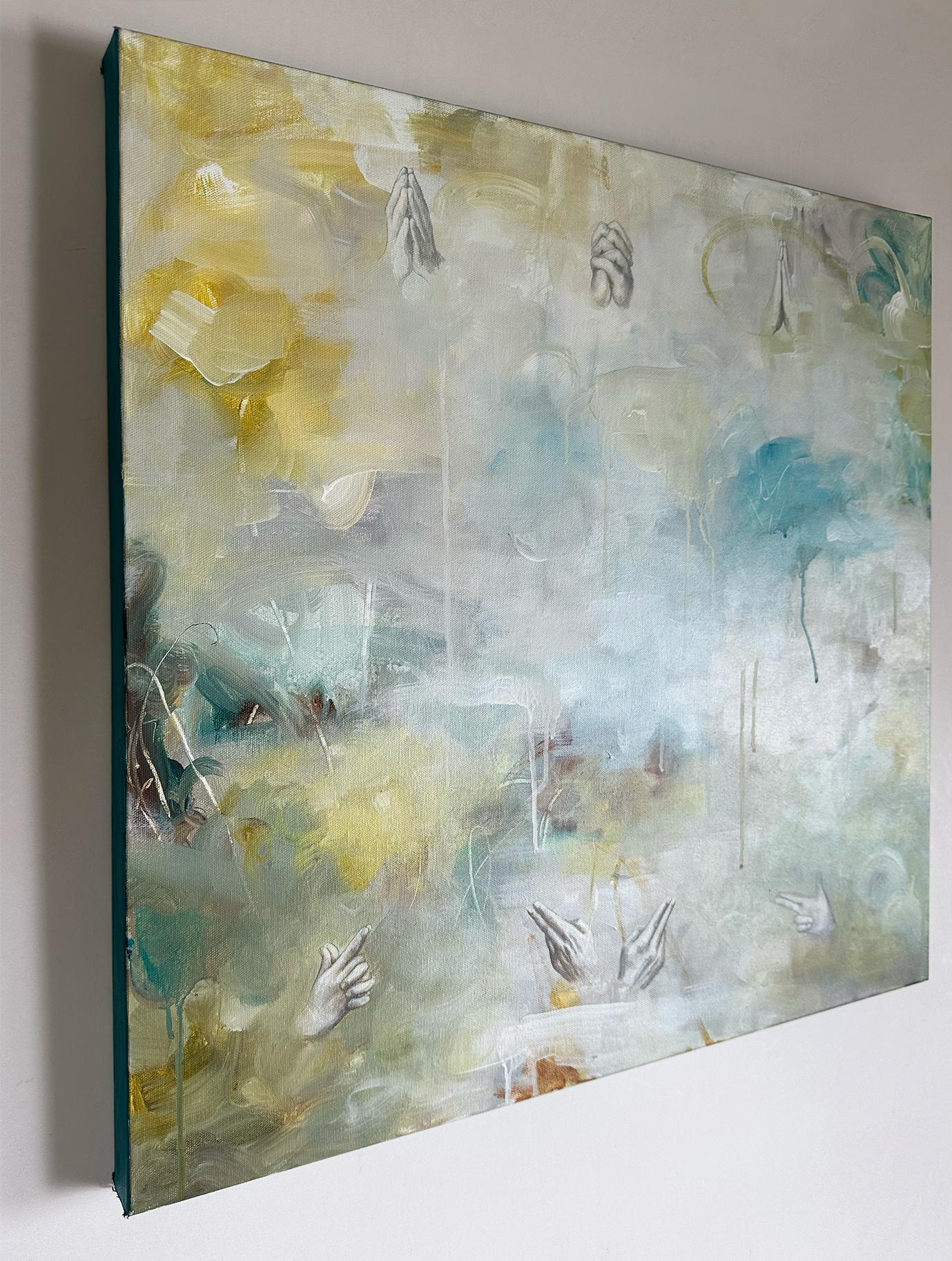 “True Believers” by Sandra Cohen is a 24 x 24 x 1 inch contemporary abstract landscape with overlaid figurative elements. A misty, humid landscape, loosely painted in blue, green, white and yellow suggests a road or path leading into some distance.