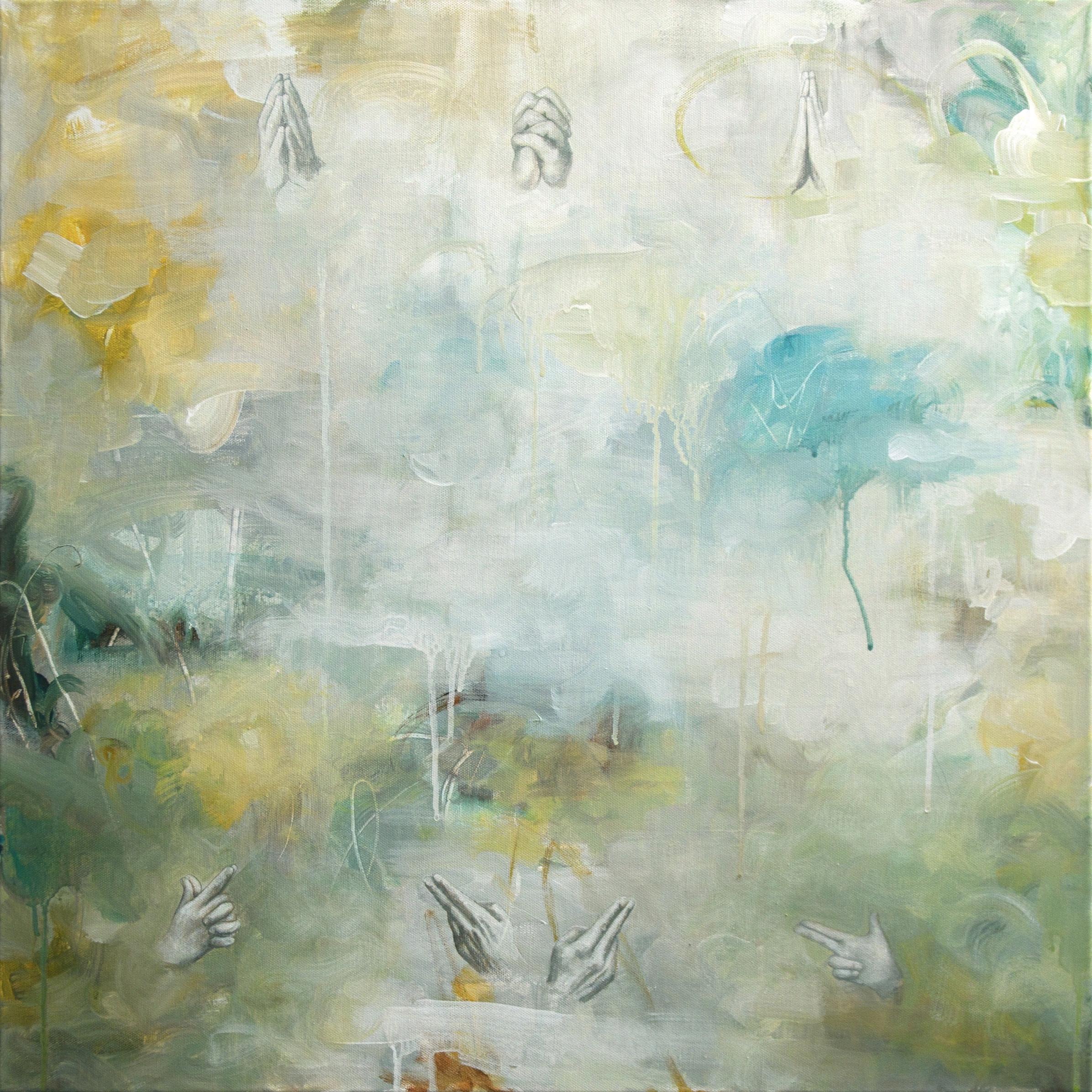 "True Believers", abstrakt, zeitgenössisch, blau, grün, weiß, Acrylgemälde