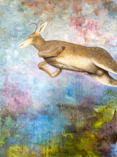 “Tuesday, Industrial Shoot", Surreal Landscape, Deer, Blue, Acrylic Painting