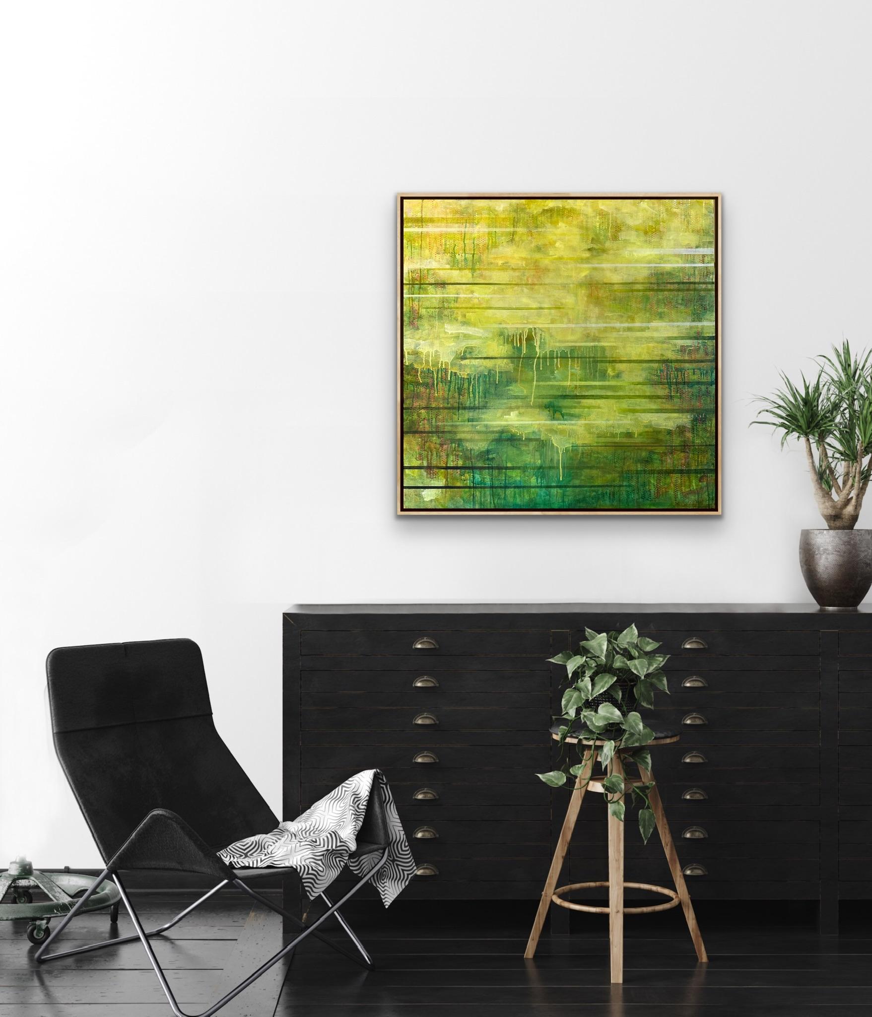 “until”, abstract, green, yellow, square, black, white, text, acrylic painting For Sale 7