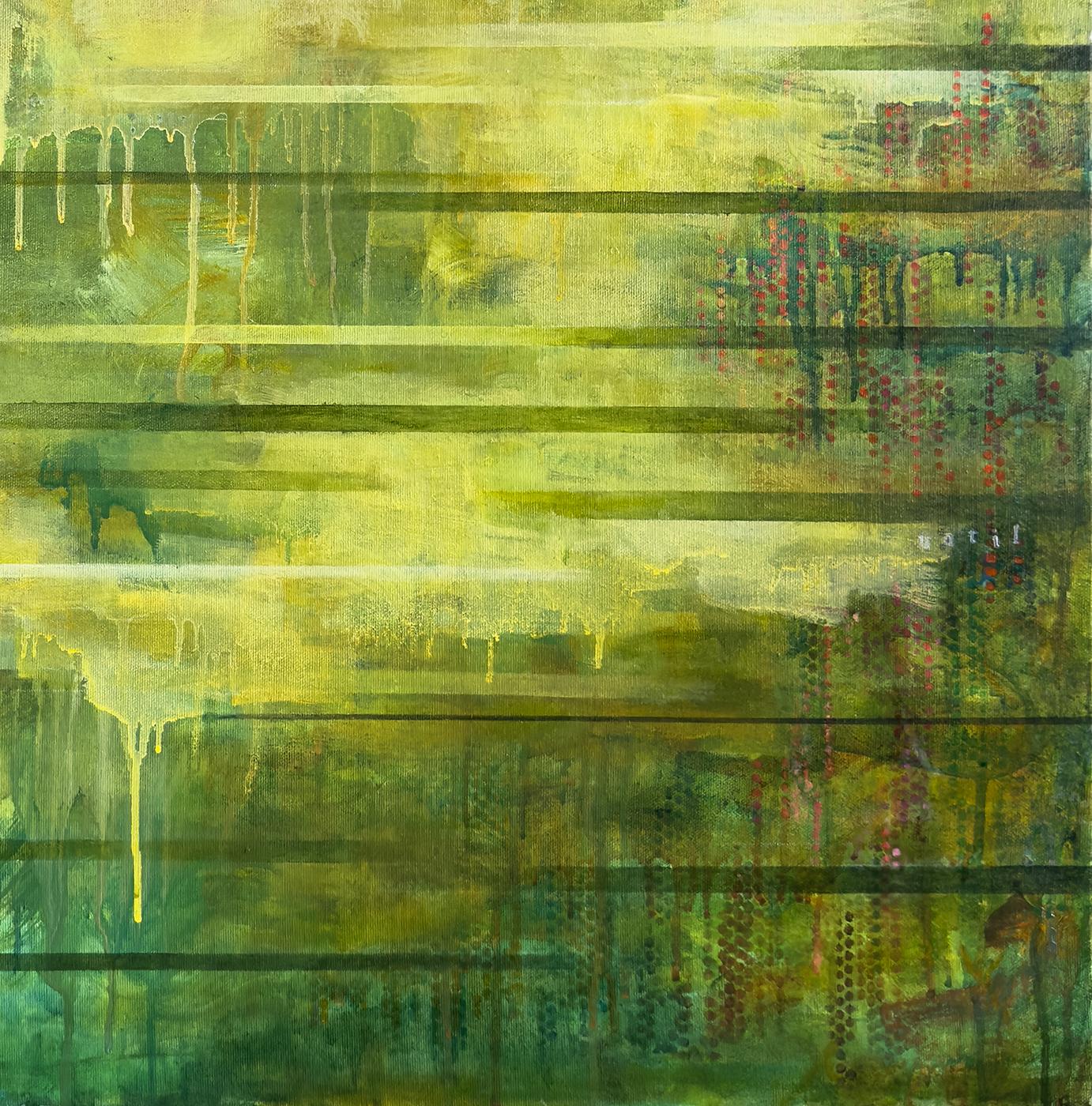 “until”, abstract, green, yellow, square, black, white, text, acrylic painting - Abstract Painting by Sandra Cohen