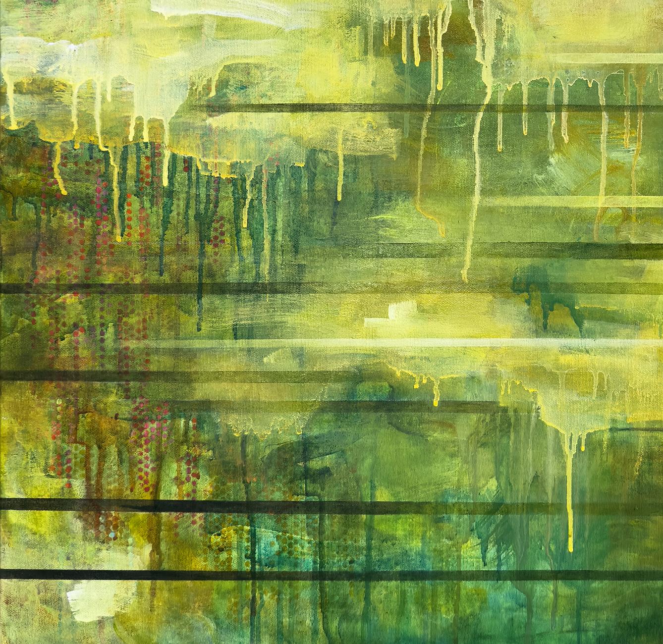 Sandra Cohen’s “until” is a 30 x 30 x 1 inch abstract painting on canvas, loosely painted in verdant green and yellow tones, with dotted patterns of red, pink, and orange revealed in places. This is a landscape of time, where lighter colors at the