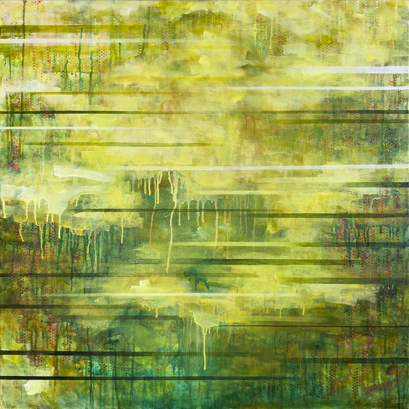 “until”, abstract, green, yellow, square, black, white, text, acrylic painting - Painting by Sandra Cohen