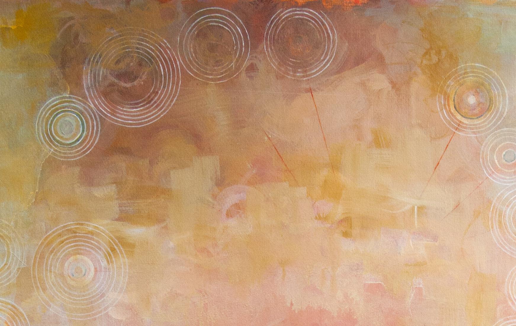 Sandra Cohen’s “Vault” is a 30 x 21 inch acrylic painting on thick archival paper, painted in tones of yellow, orange, pink, brown, red, and white. A female figure leaps from an abstract landscape and is partially obscured by the sky. Circular