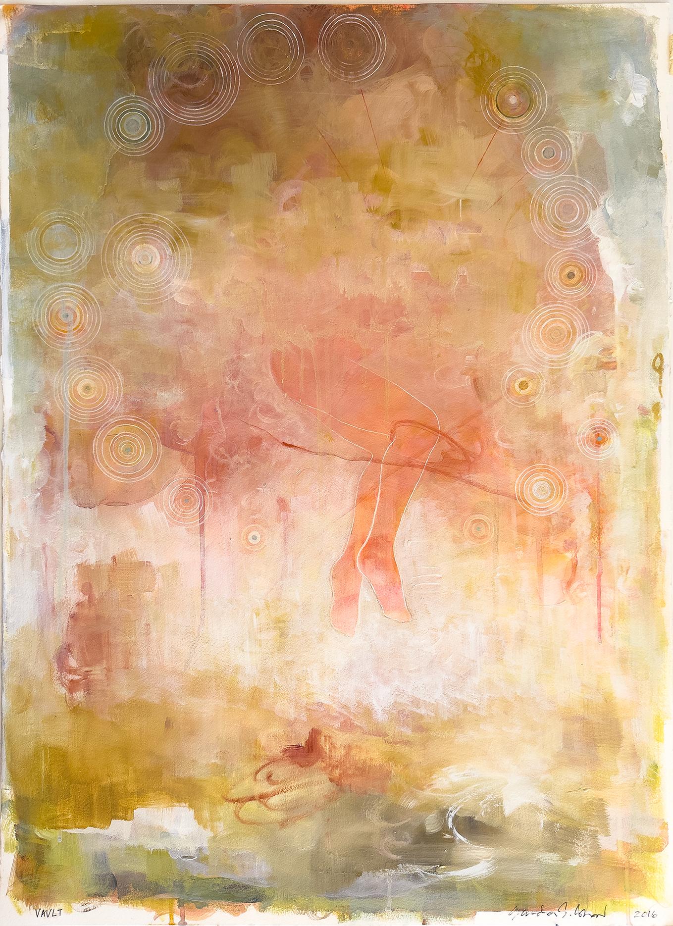 Sandra Cohen Abstract Painting - "Vault", abstract, figure, landscape, yellow, orange, pink, acrylic painting