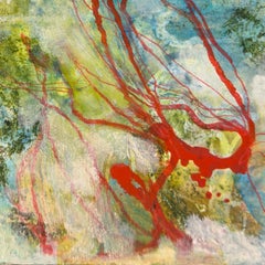“Visitor", Abstract, Bird, Spring, Blue, Green, White, Red, Acrylic Painting