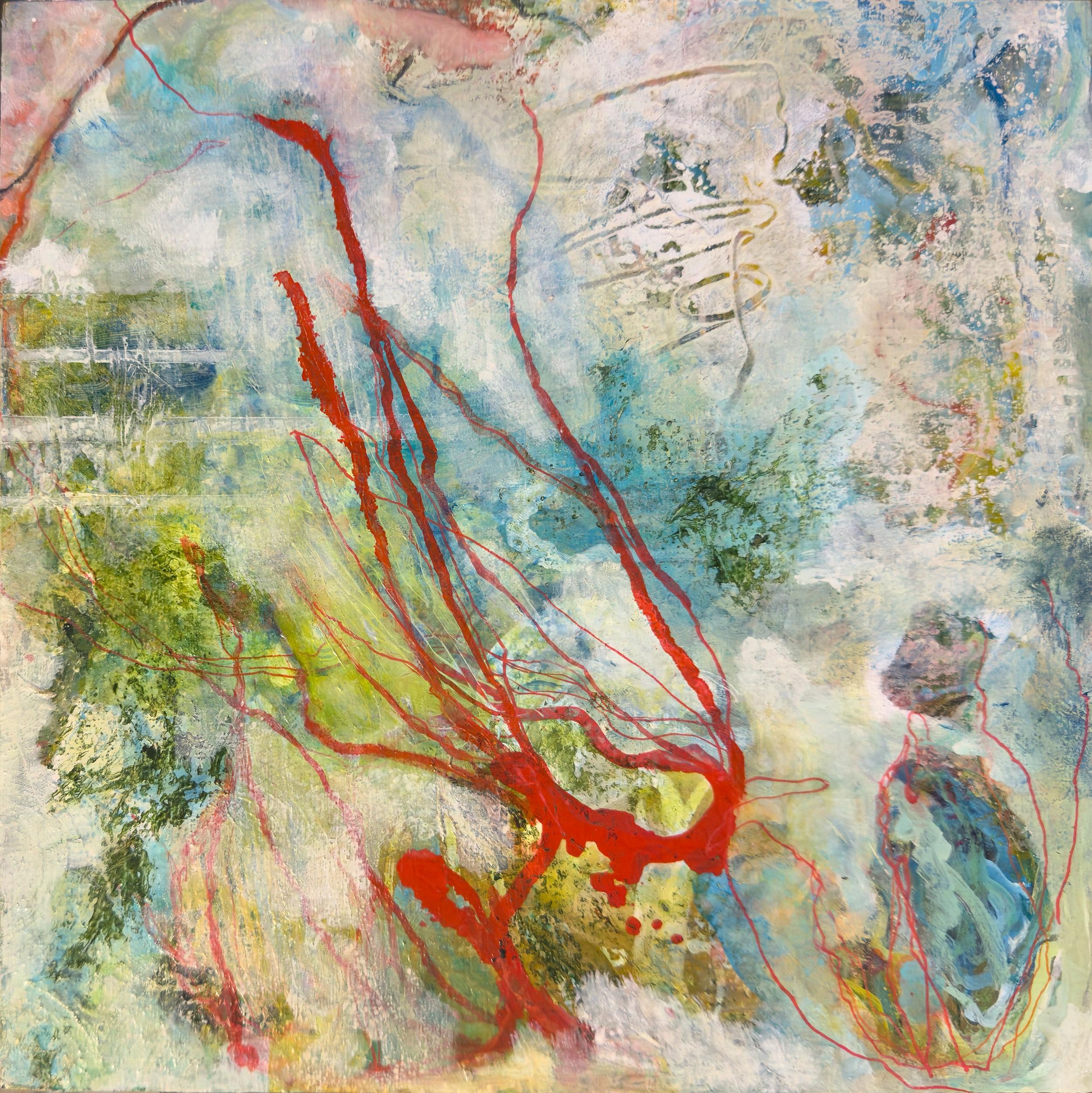 Sandra Cohen Animal Painting - “Visitor", Abstract, Bird, Spring, Blue, Green, White, Red, Acrylic Painting