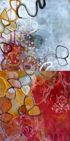 bearer d'eau abstrait, bleu, rouge, or, orange, rose, peinture acrylique, 2024