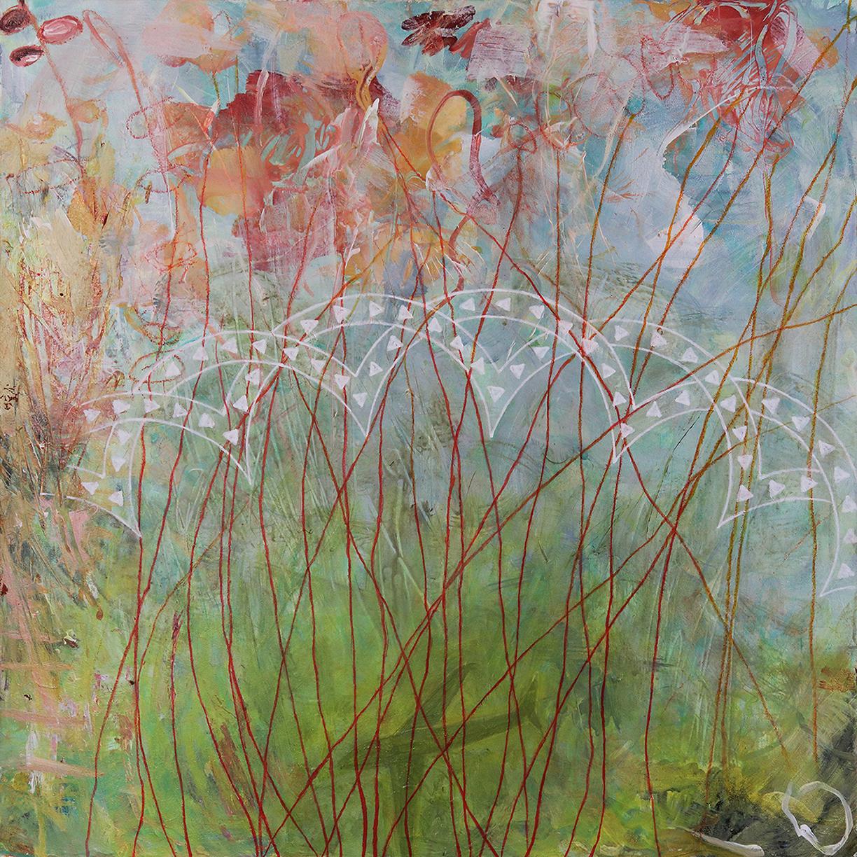 Landscape Painting Sandra Cohen - « Quand nous arrivées au milieu de nulle part », abstrait, fleurs, peinture acrylique