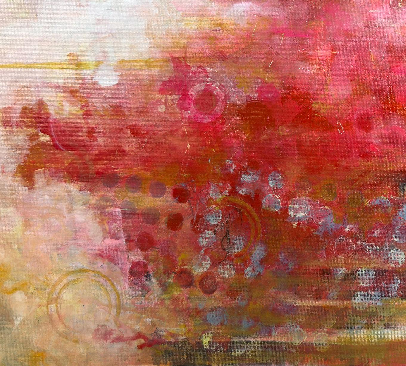“wishbone” is a 16 x 20 x .25 inch acrylic painting on canvas board by Sandra Cohen. This abstract internal 'landscape', in vibrant and warm colors of burgundy, pink, red, cream, and yellow, blends multiple layers of paint and washes with expressive