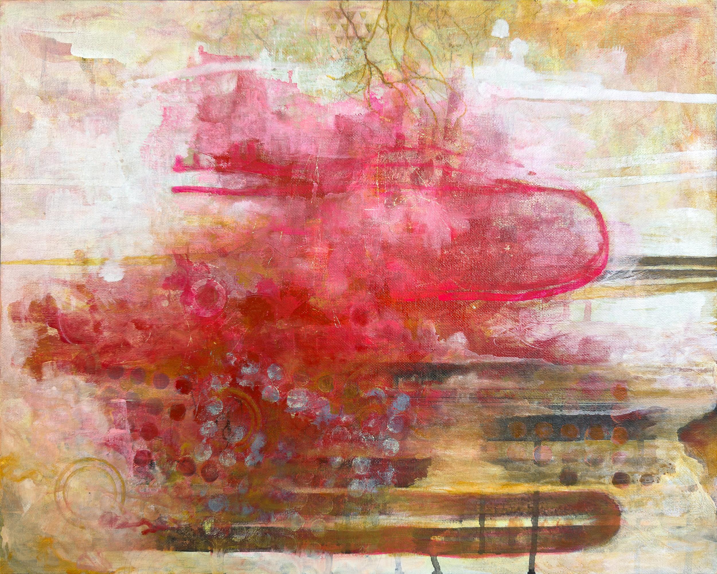 "Whiting", abstrait, jaune, rose, ocre, or, blanc, peinture acrylique, 2024.