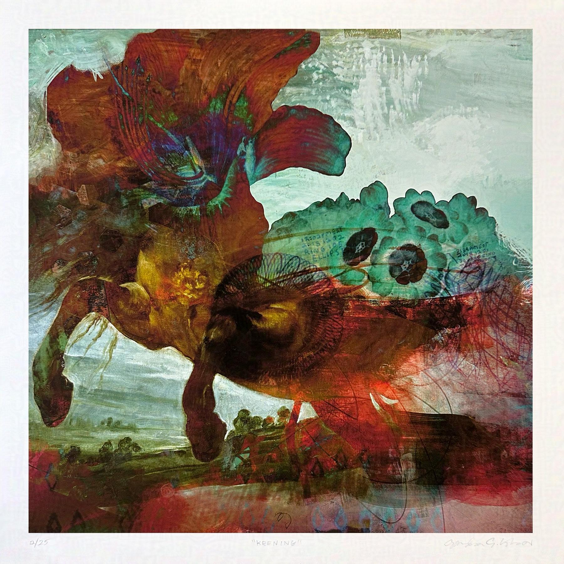 Sandra Cohen Landscape Print – "Keening", Zeitgenössisch, Surrealistisch, Landschaft, Blau, Rot, Braun, Pferd, Druck