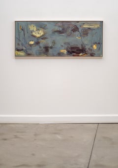 Lirio amarillo - Pintura acrílica abstracta, enmarcada, contemporánea, 24x60 pulg.