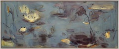 Lirio amarillo - Pintura acrílica abstracta, enmarcada, contemporánea, 24x60 pulg.