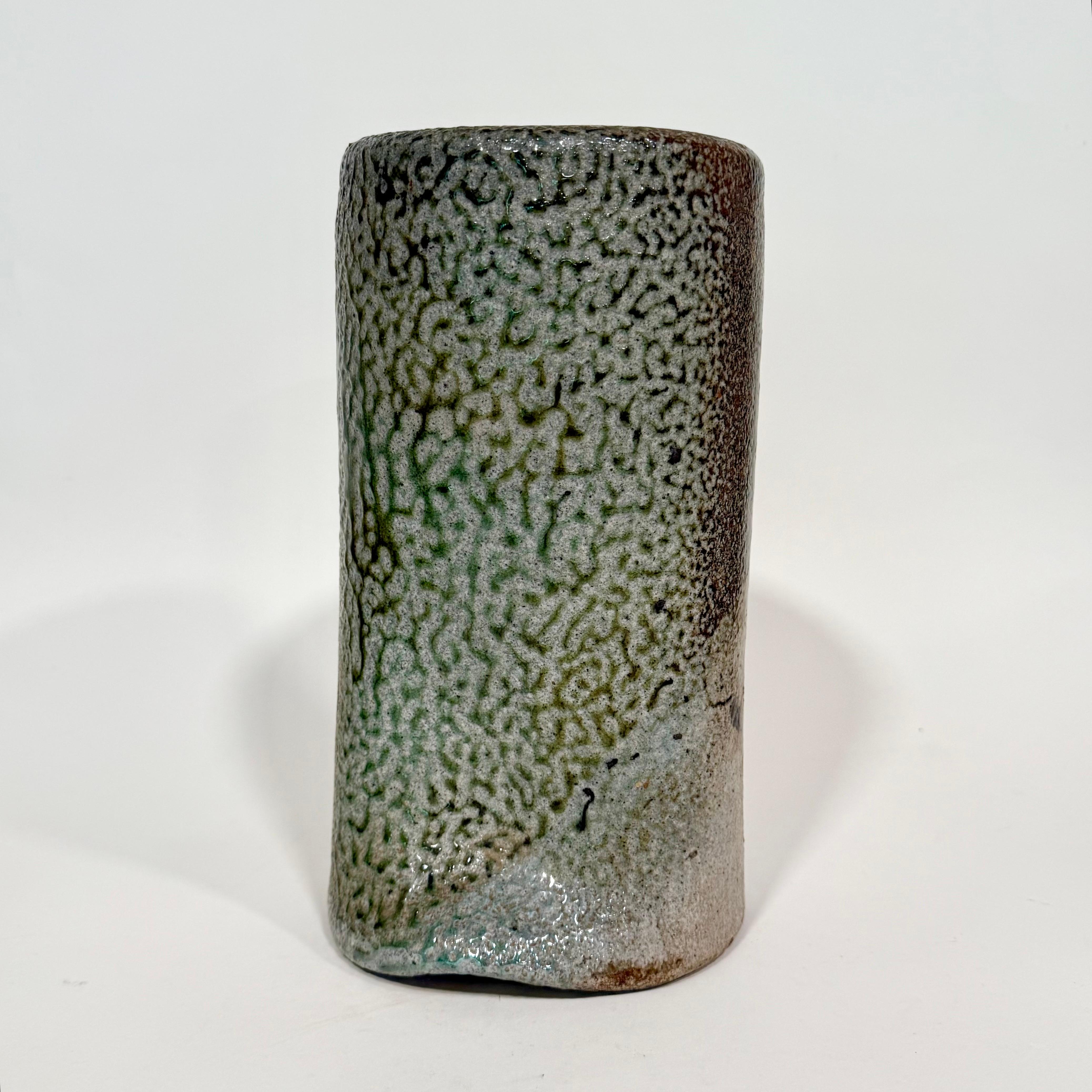 Amazing salt-fired abstract lidded vessel by well listed potter, Sandra Johnstone c1970s. Incredible piece, museum quality. Johnstone (1936-1991) studied with Peter Voulkos at UC Berkeley in the early 1950s. She was at the forefront of a very