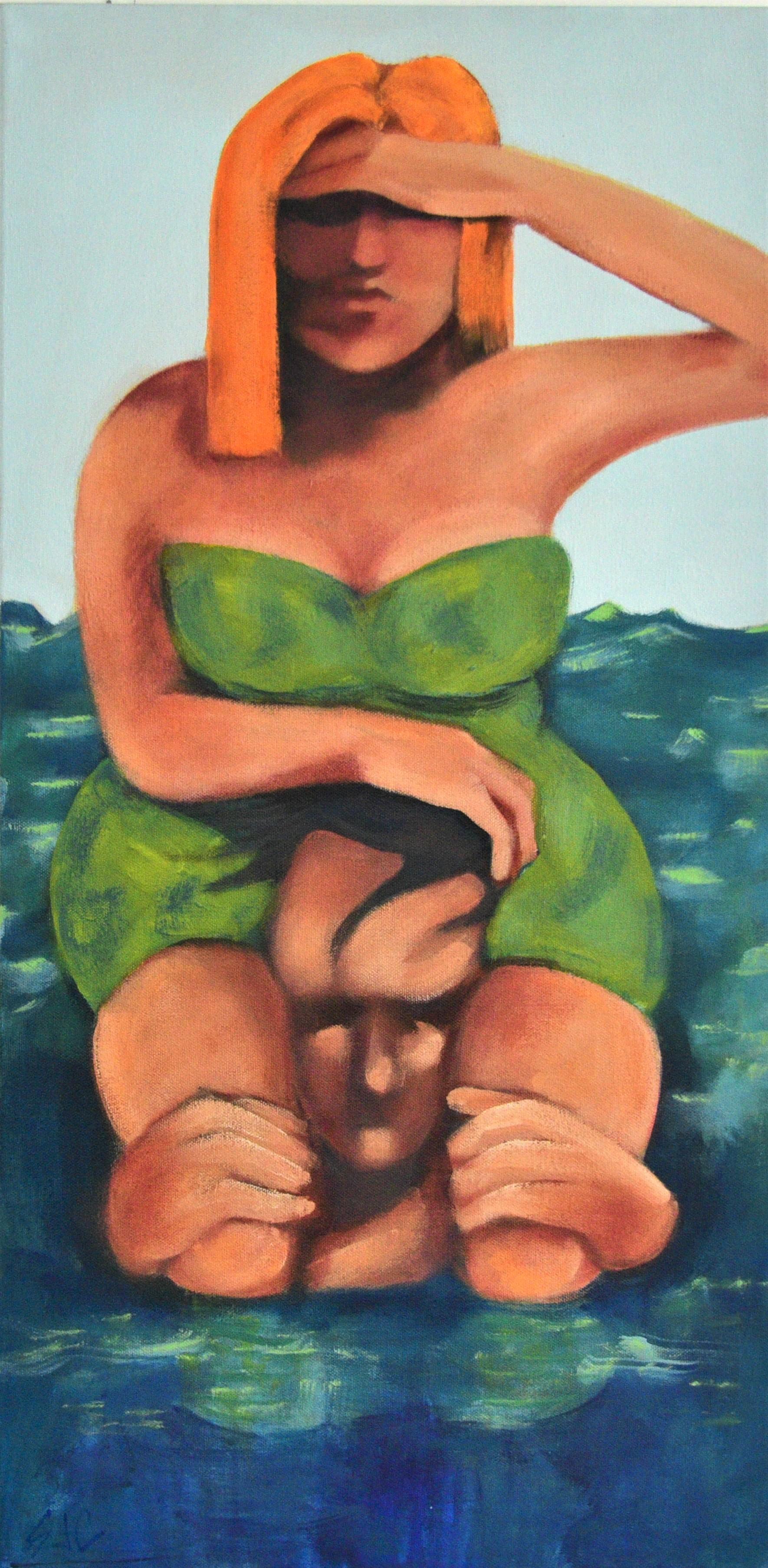 "Al N Pussykat Went To The Sea In A Lime Green Suit"  is from Sandra Jones Campbell's recent collection, "Sea La Vie"," a series that displays her unique vision of the world and is informed by her current social observations. It is custom framed and