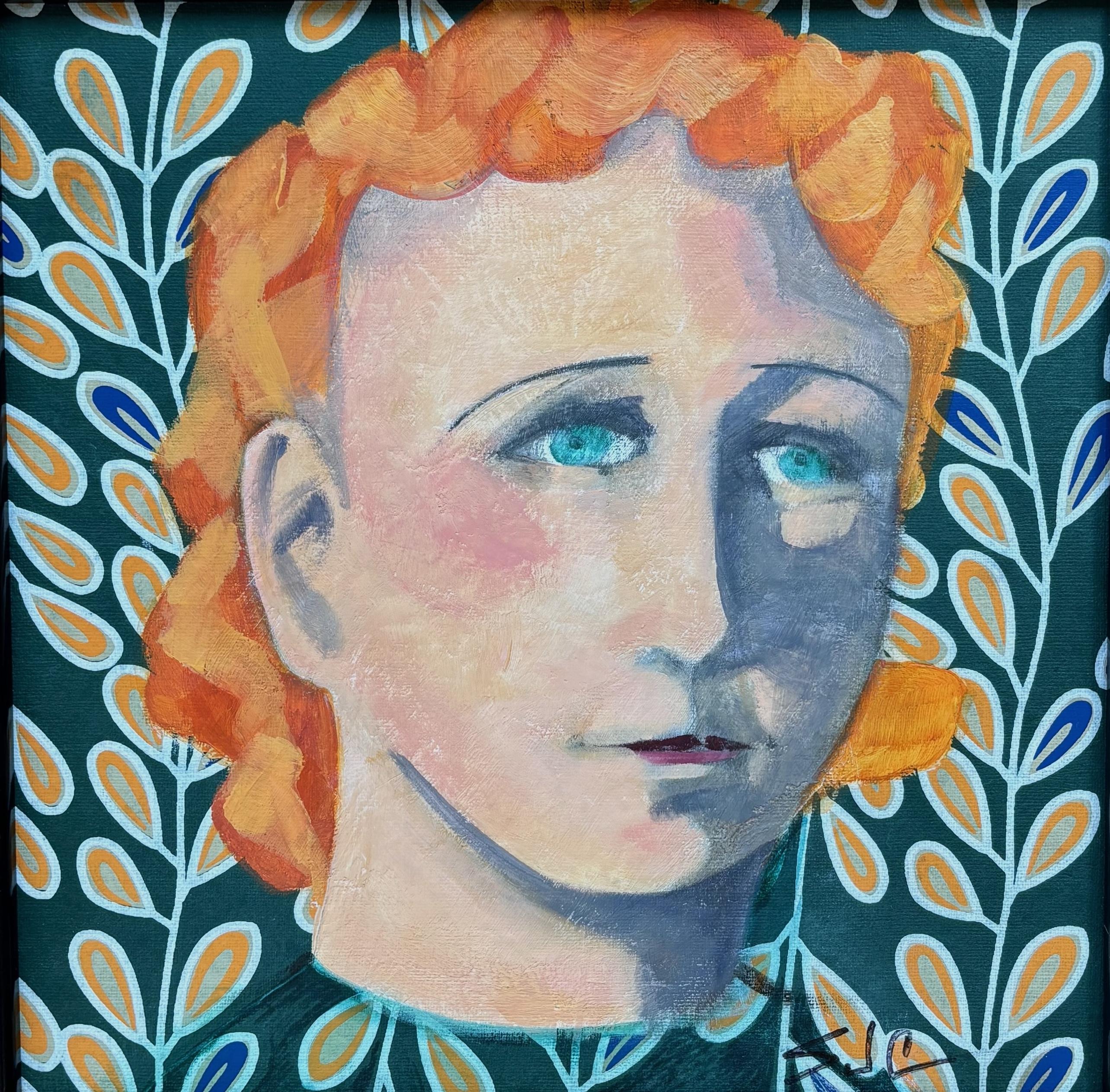 Figurative Painting de Sandra Jones Campbell - "Pajarito y ojos verdes"  Expresionismo moderno Figurativo