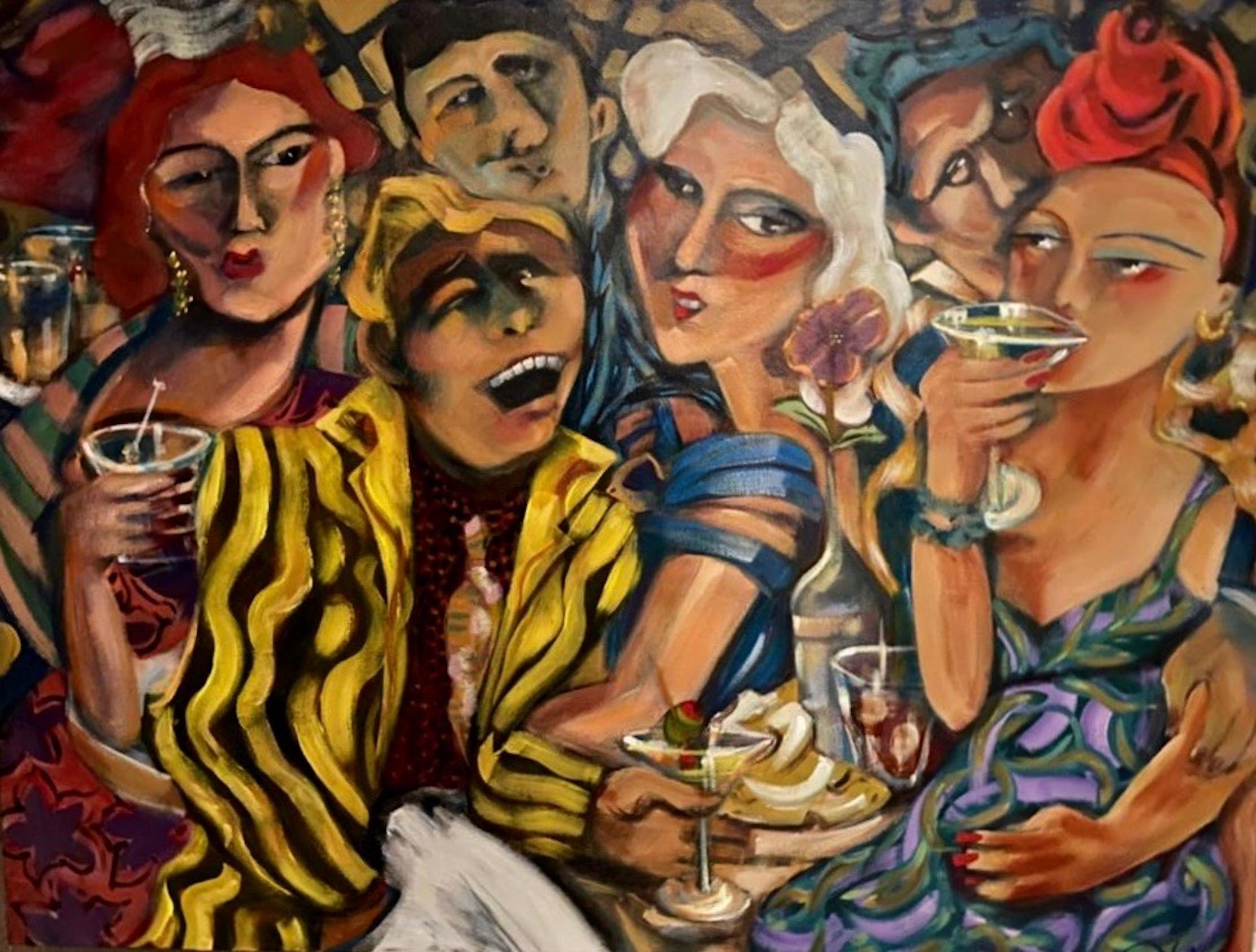 Sandra Jones Campbell Figurative Painting - "Cocktails With Scam Likely" Contemporary Expressionist Figure acrylic painting 