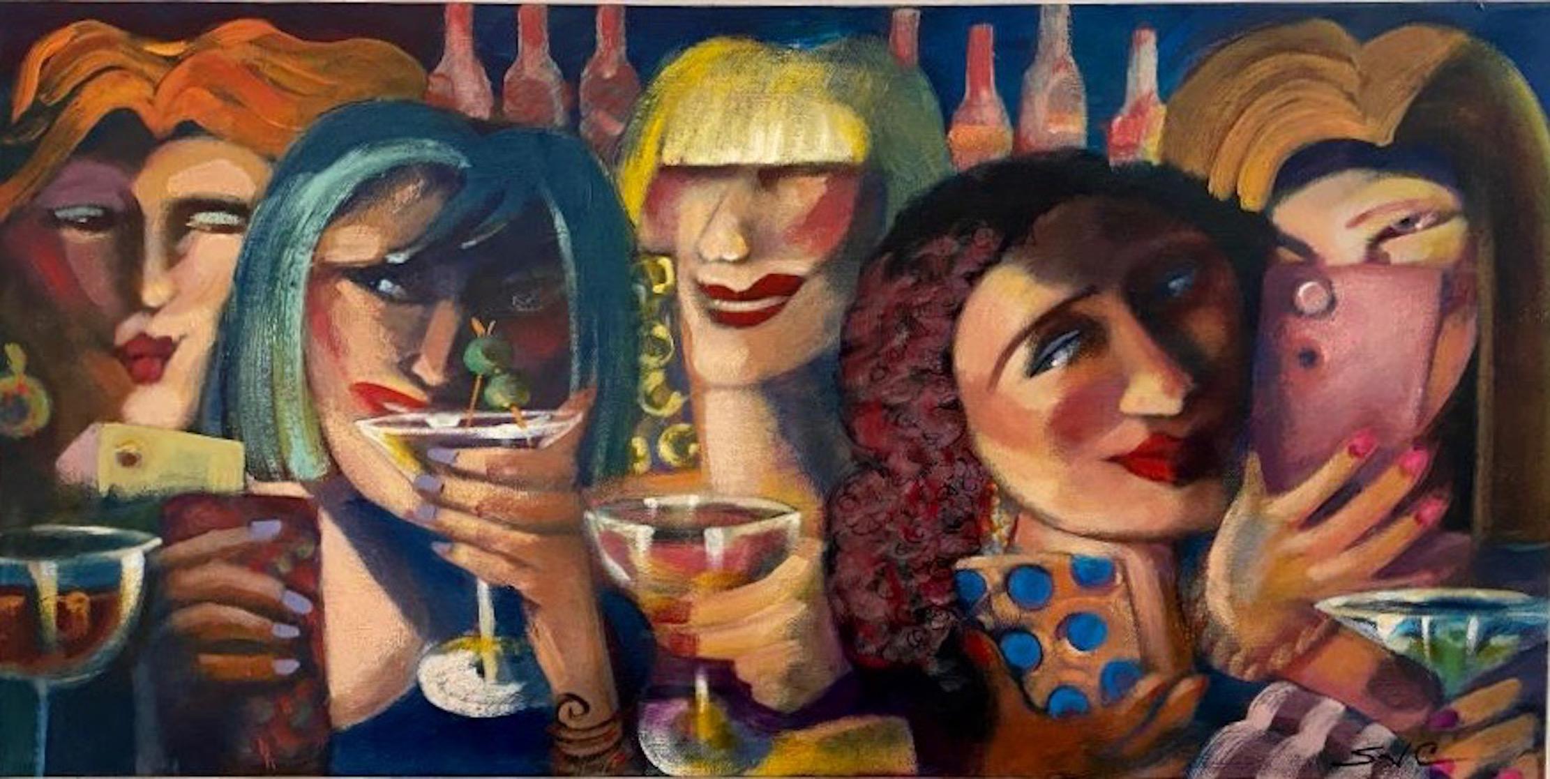 Sandra Jones Campbell Figurative Painting - "Girls Night Out Goes Viral" Contemporary Expressionist Figure Painting
