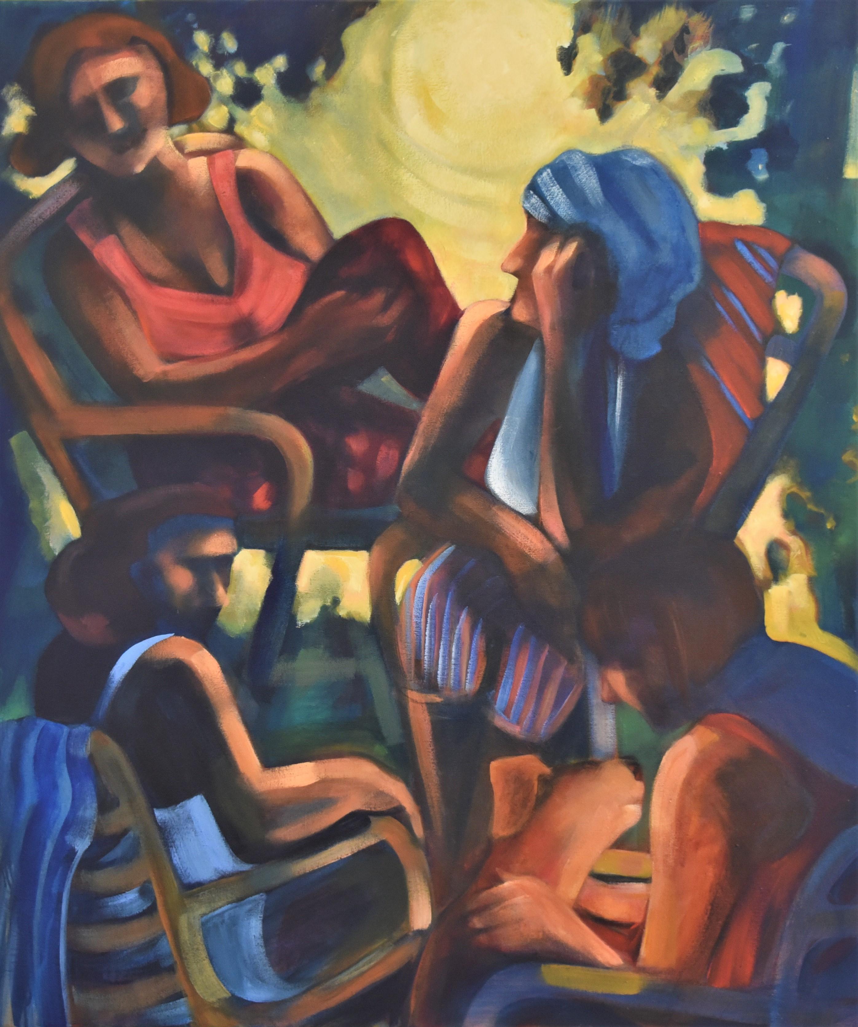 Sandra Jones Campbell Figurative Painting - "Lawn Chairs;  Porch Light Communion"  Modern Expressionist Figurative 