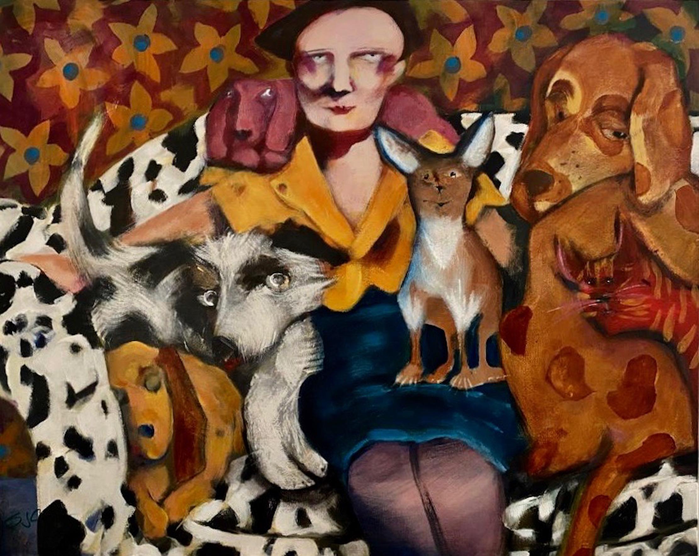 Sandra Jones Campbell Figurative Painting - "Miss Colleen Don't Allow No Dogs Around Here" Neo-Expressionist Figure Painting