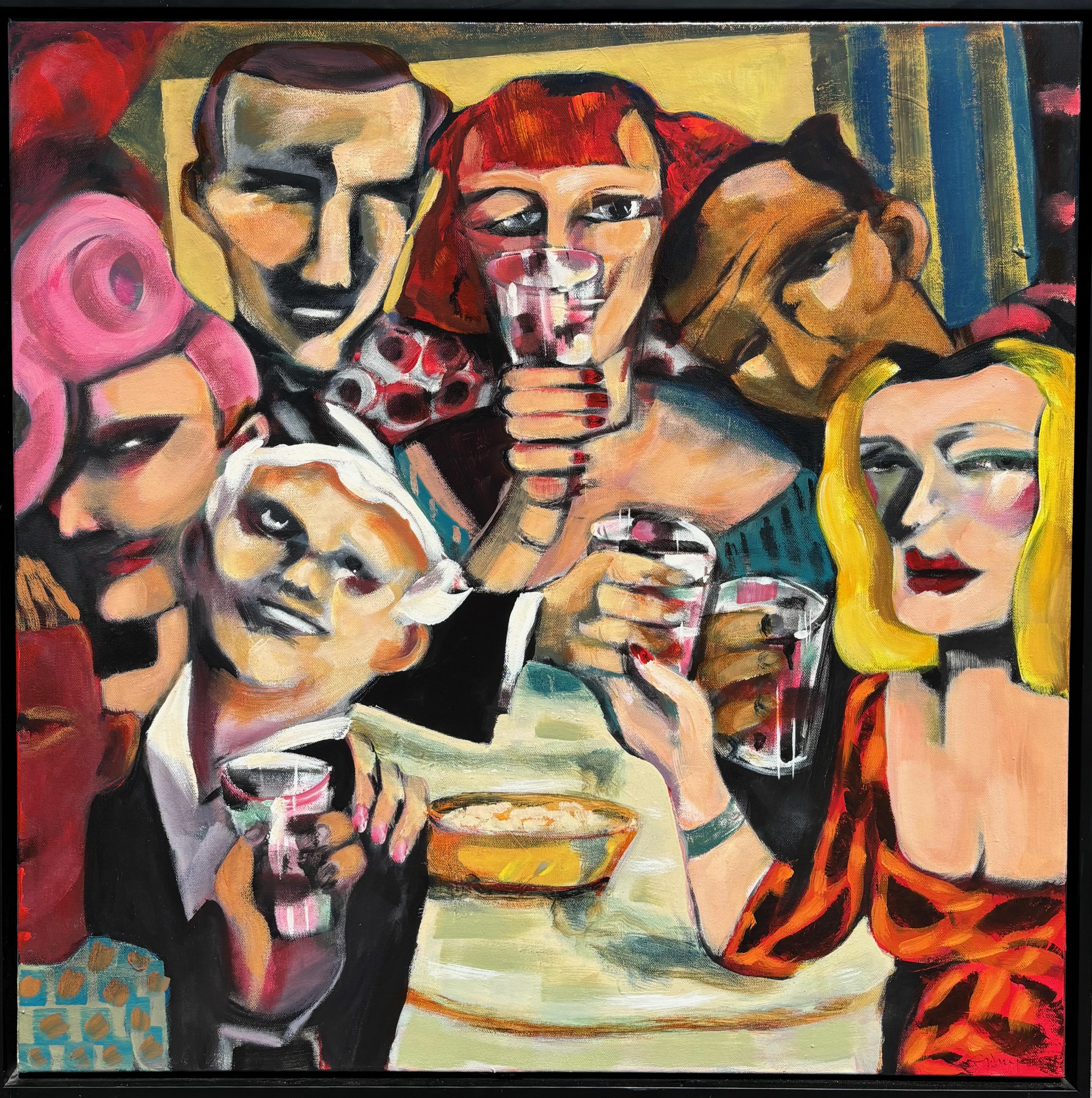 Figurative Painting de Sandra Jones Campbell - "Rosas de níquel en el bar Barts"  Expresionismo moderno Figurativo