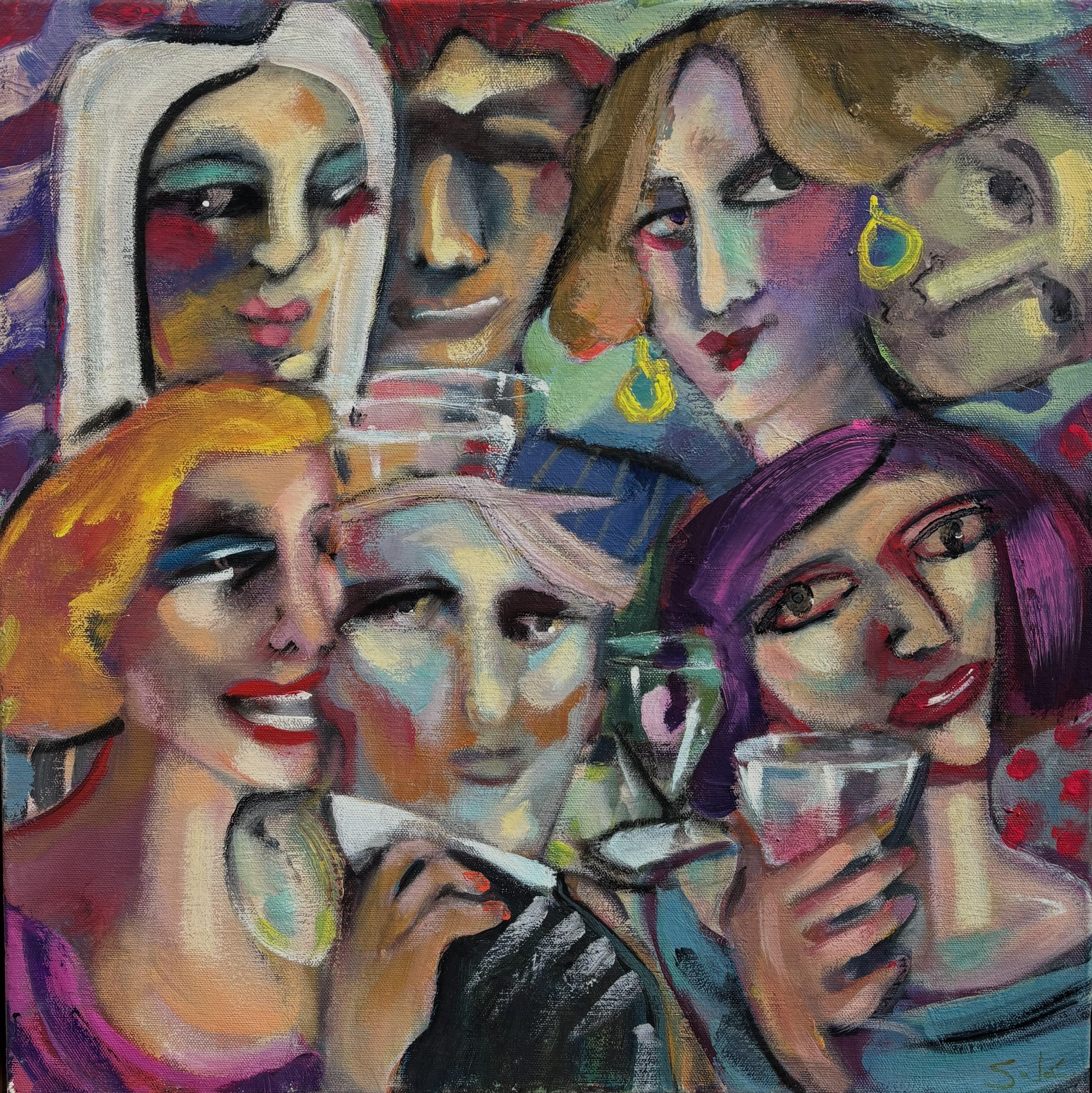 Figurative Painting di Sandra Jones Campbell - "Qui non c'è nessuno tranne noi galline".  Espressionismo moderno figurativo