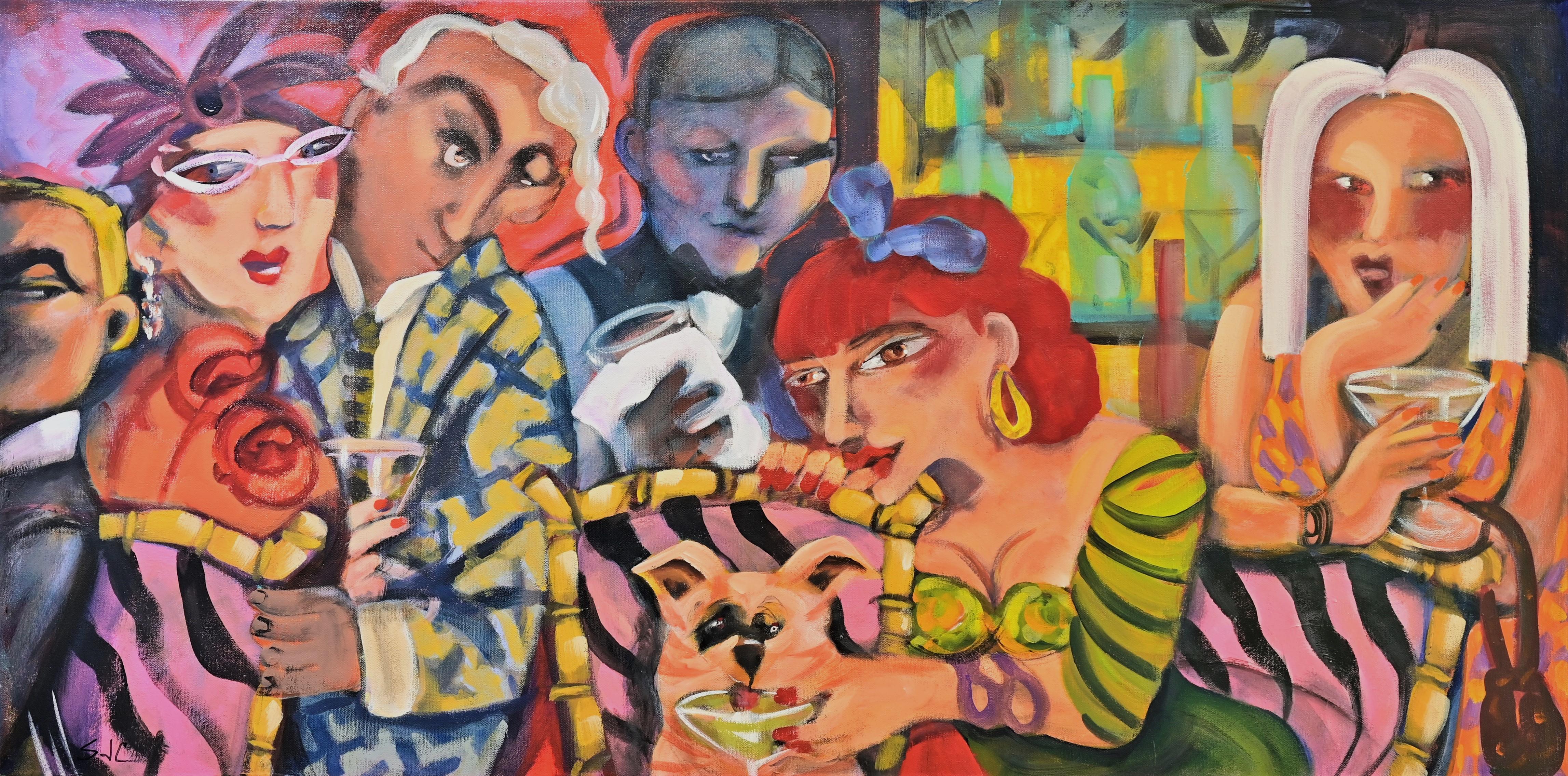 Sandra Jones Campbell Figurative Painting - "Seat Taken, Until Tiger Finishes His Martini"  Modern Expressionist Figurative 