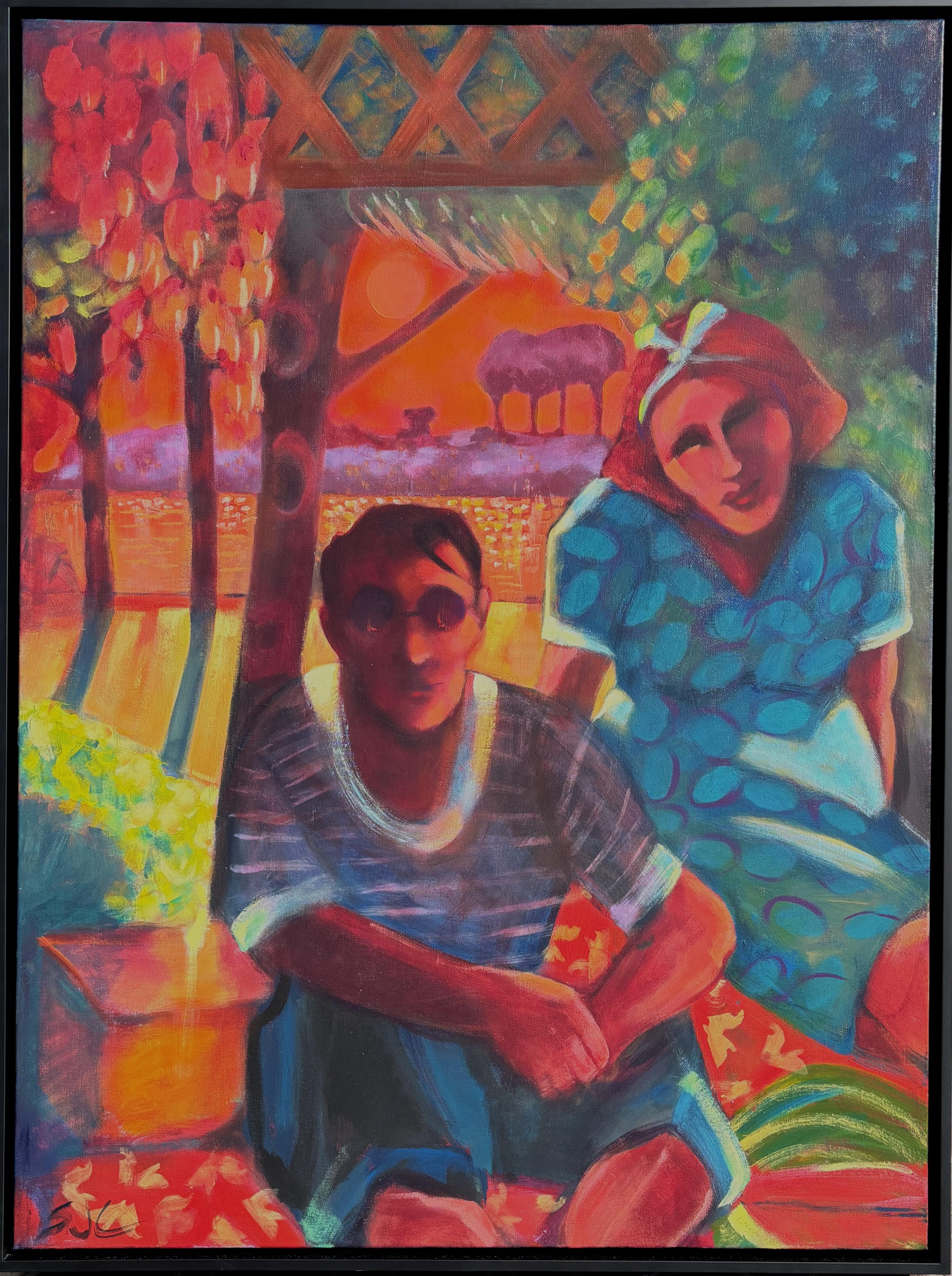 Figurative Painting di Sandra Jones Campbell - "Ombra d'estate al lago della Luna"  Espressionismo moderno figurativo