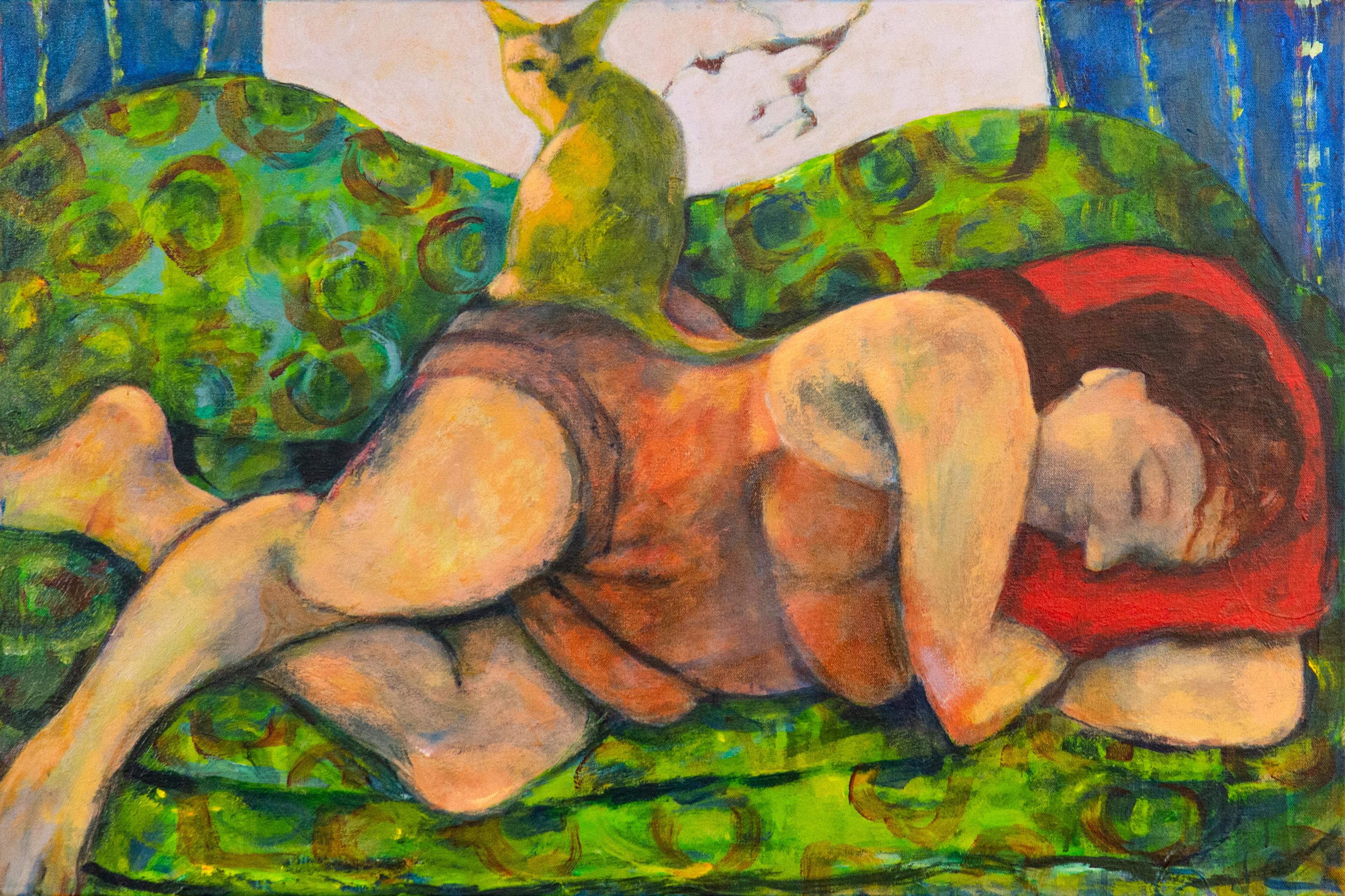 Sandra Jones Campbell Figurative Painting - "The Sentinel: Sleeping Until Spring " Contemporary Expressionist Figure 