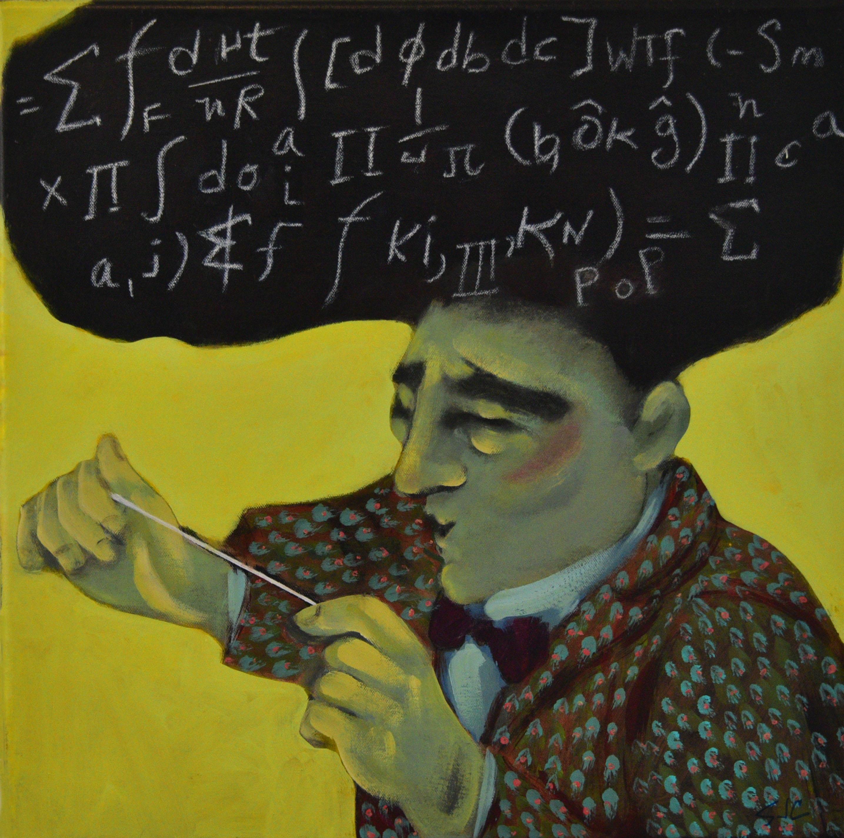 Sandra Jones Campbell Figurative Painting - "What's In My Head: Big Equation For 7" Of String Theory" 