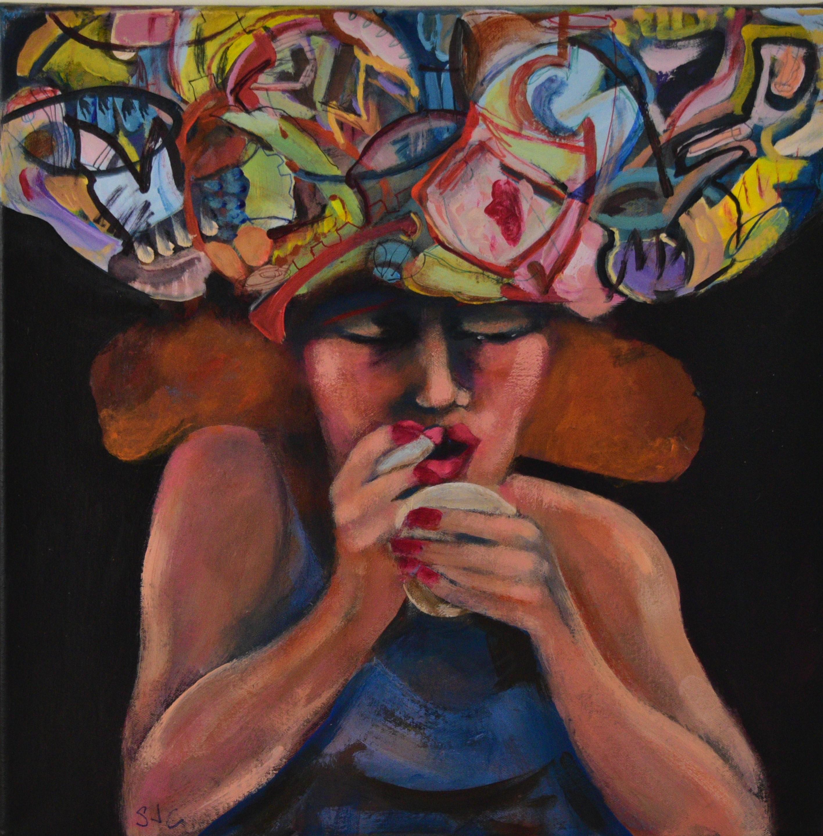 Sandra Jones Campbell Figurative Painting - "What's In My Head: Remember To Buy Eggs" Contemporary Expressionist Figurative 