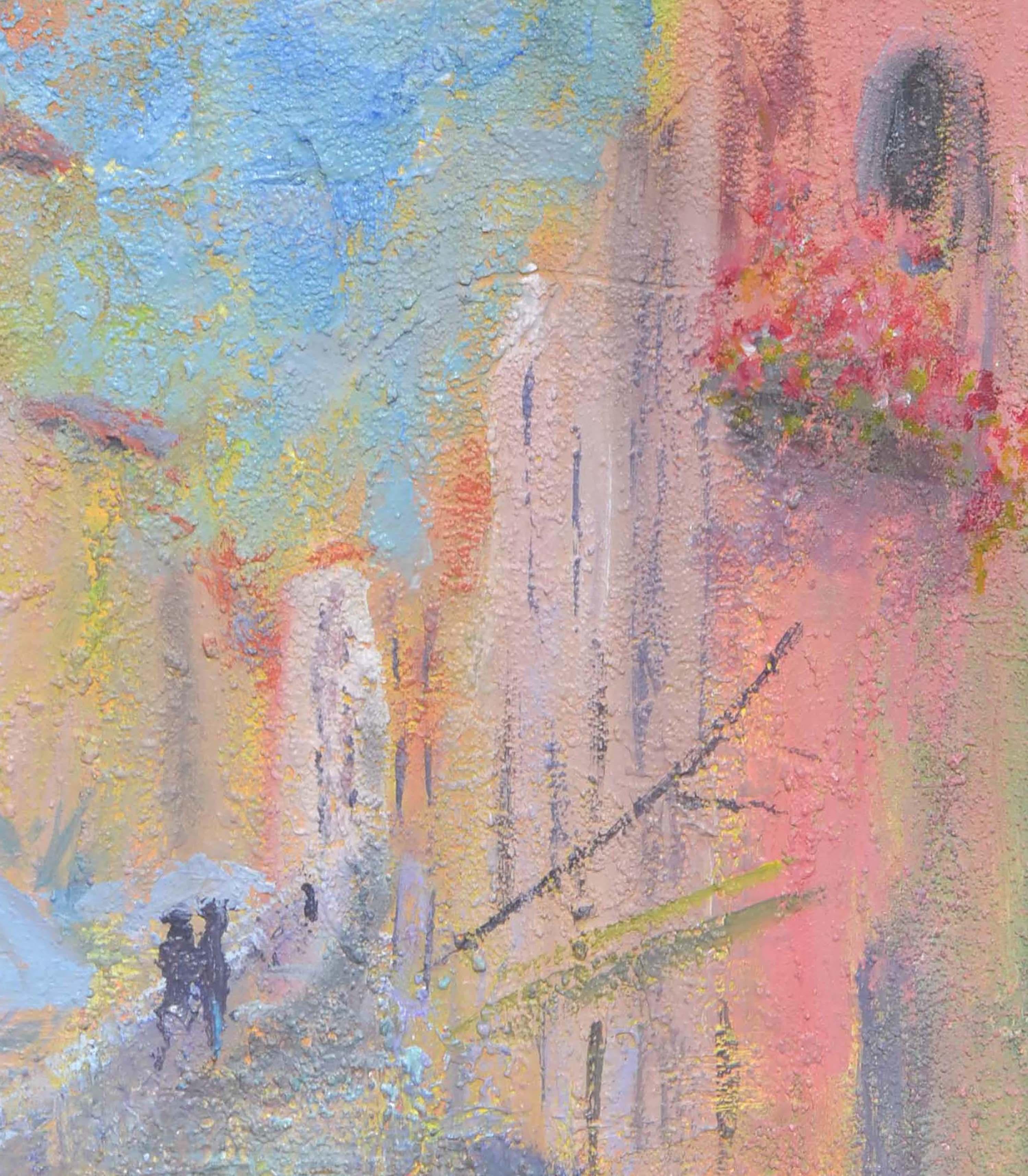 Brightly colored and highly textured French Street Scene by Aptos, California artist Sandra Lobue-Erba (American, 1945-2007). Unsigned and unframed (from a collection of her works). Image: 30