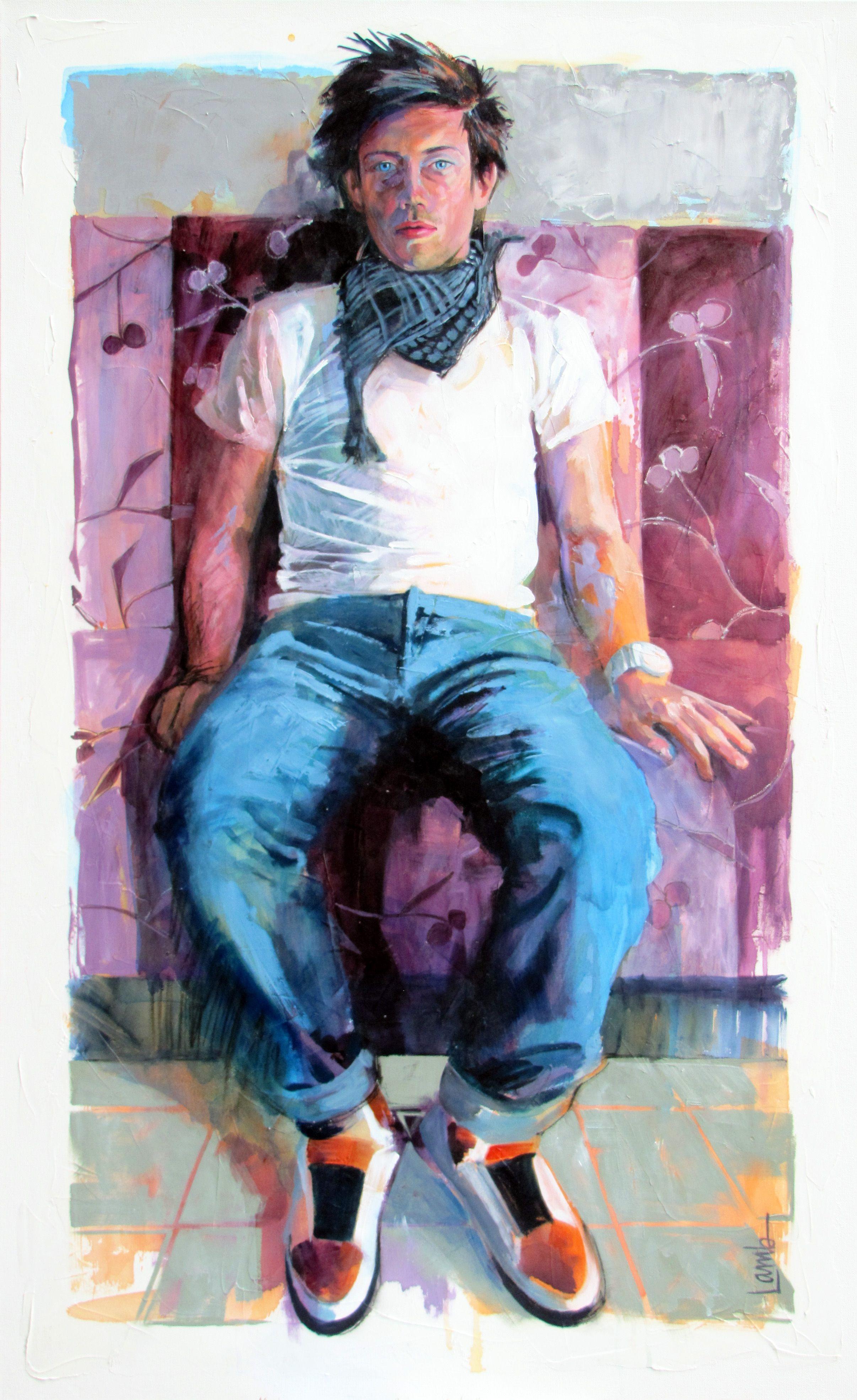 Begged a photo from a friend of mine years ago... her son in a posed snapshot that she had casually dumped amongst a thousand other photos. I loved the colour and the mood and knew I would paint it one day. I think there's a certain innocence and