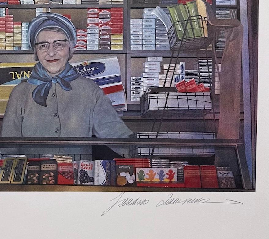 LADY LEICESTER SQUARE Litografía firmada, Vendedora ambulante, West End Londres - Figurative Print Gris de Sandra Lawrence