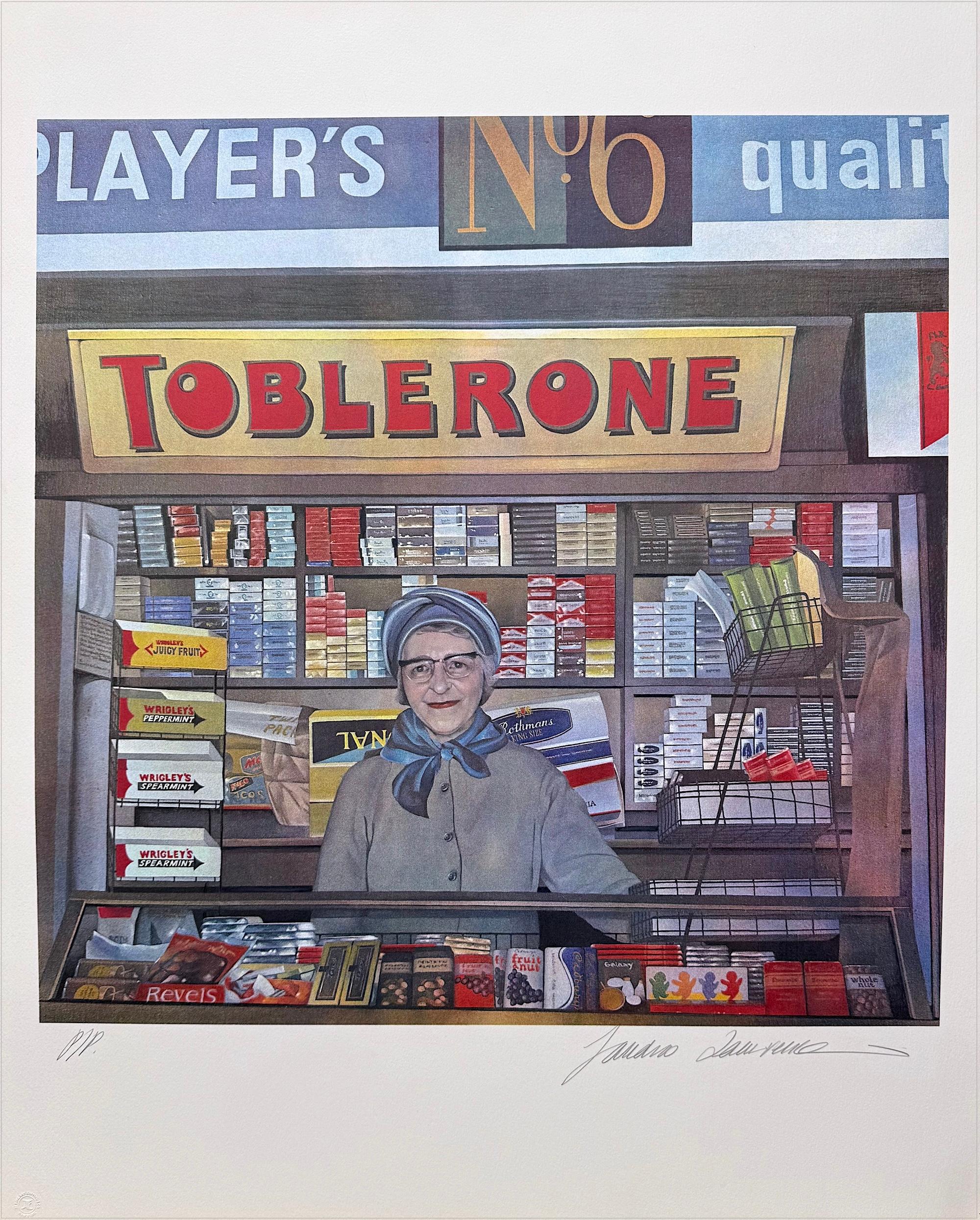Figurative Print di Sandra Lawrence - LADY LEICESTER SQUARE Litografia firmata, venditore ambulante, West End di Londra