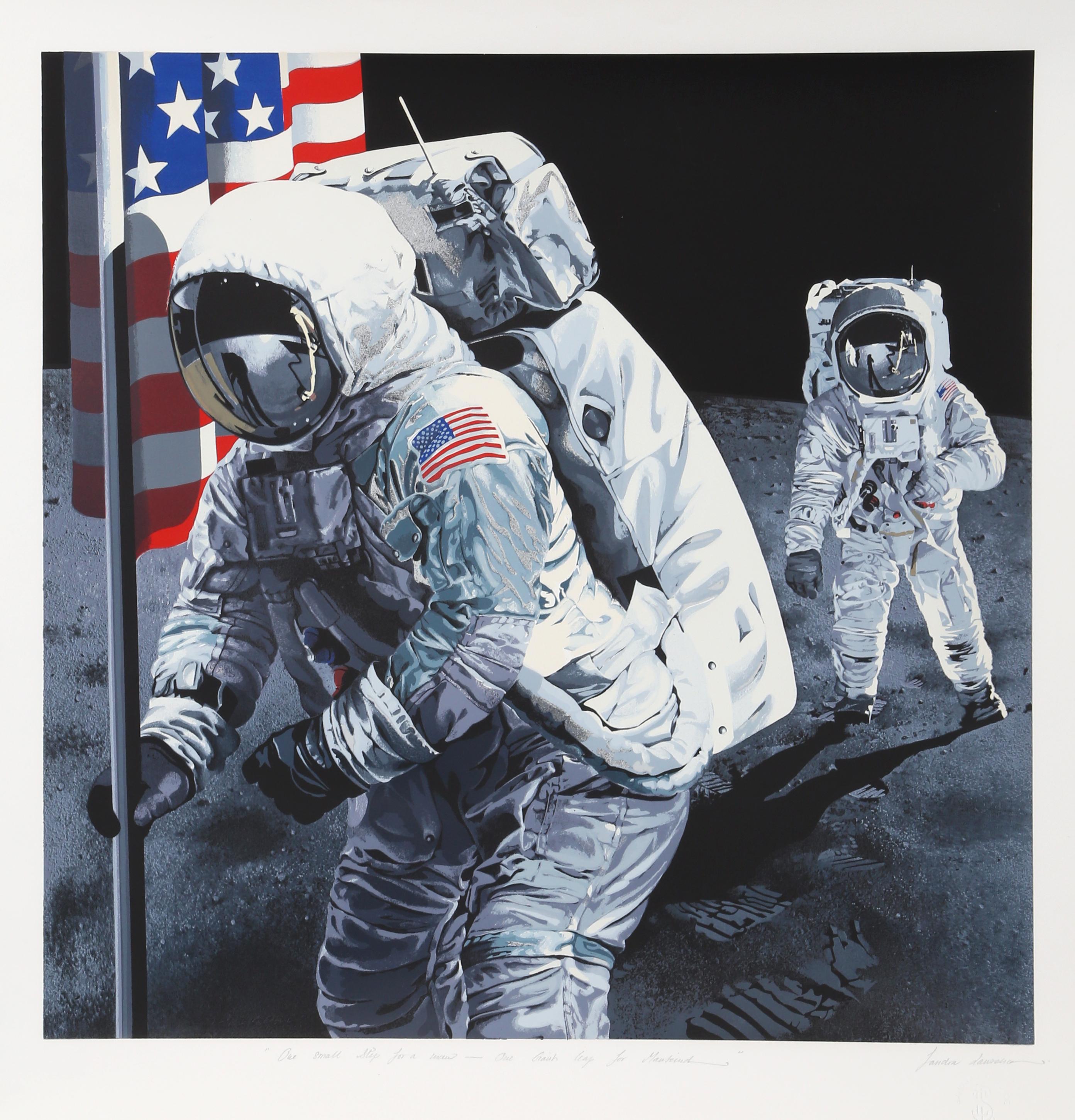 Artist: Sandra Lawrence
Title: One Small Step for a Man - One Giant Leap for Mankind
Year: 1975
Medium: 15 Color Screenprint on Arches paper, signed and numbered in pencil
Edition: 250
Image Size: 25 x 25 inches
Paper Size: 30 x 29.5 in. (76.2 x