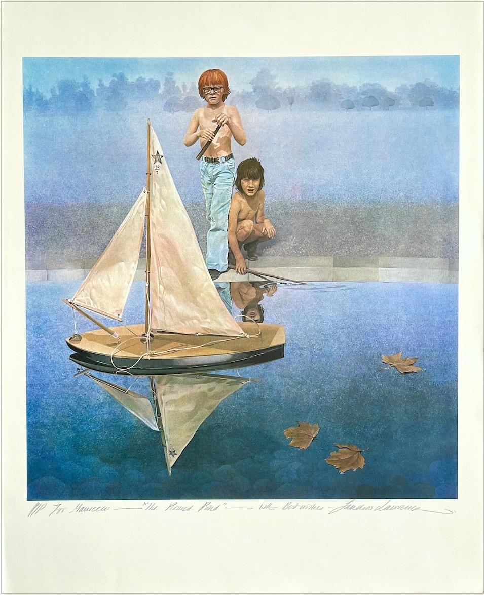 THE ROUND POND Signed Lithograph, Boys with Model Sailboat, Summer Pond - Print by Sandra Lawrence