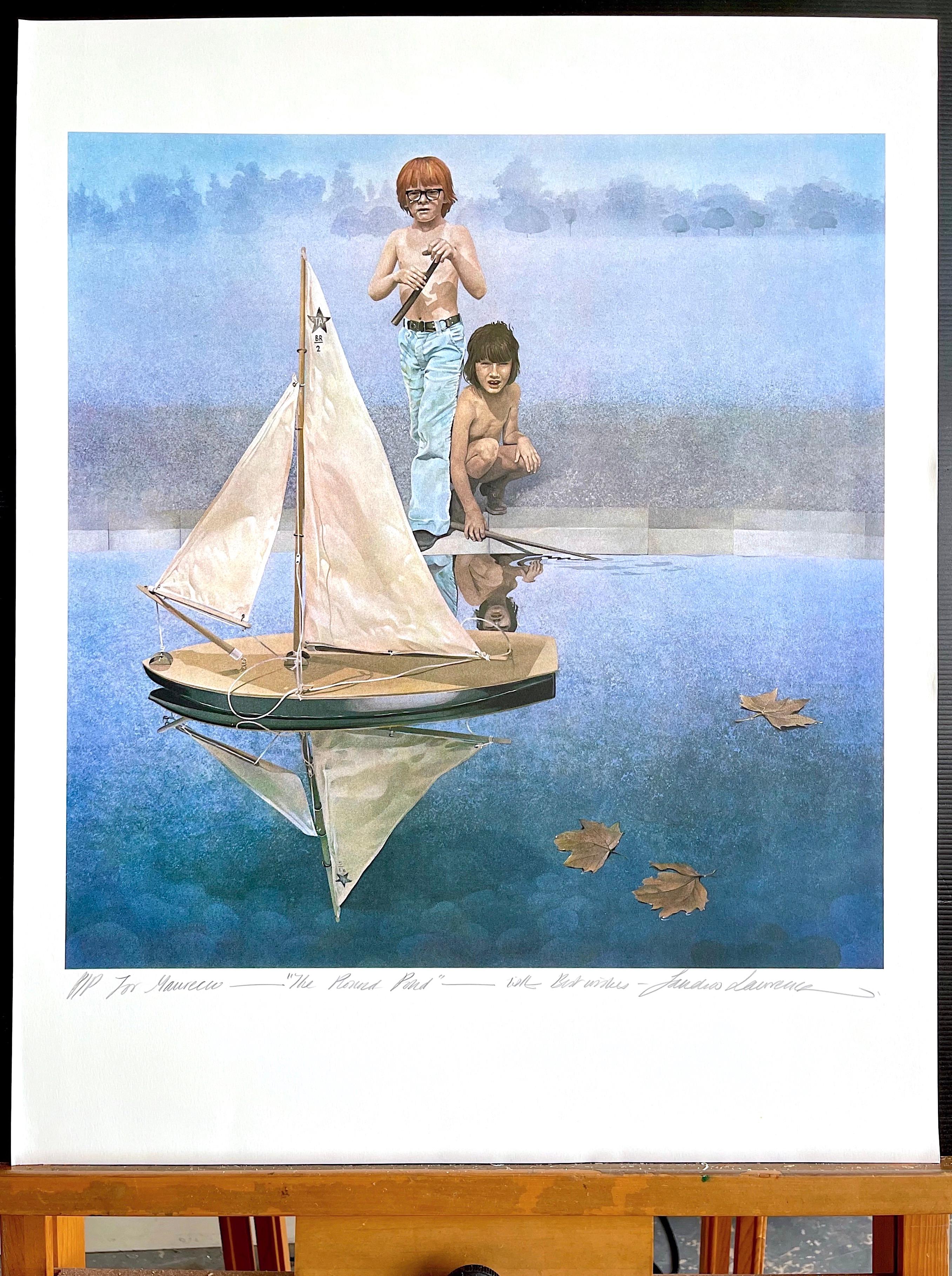 THE ROUND POND is a limited edition lithograph printed using traditional lithography techniques on archival printmaking paper, 100% acid free, by the British woman artist Sandra Lawrence. THE ROUND POND portrays a pleasurable summer pond scene