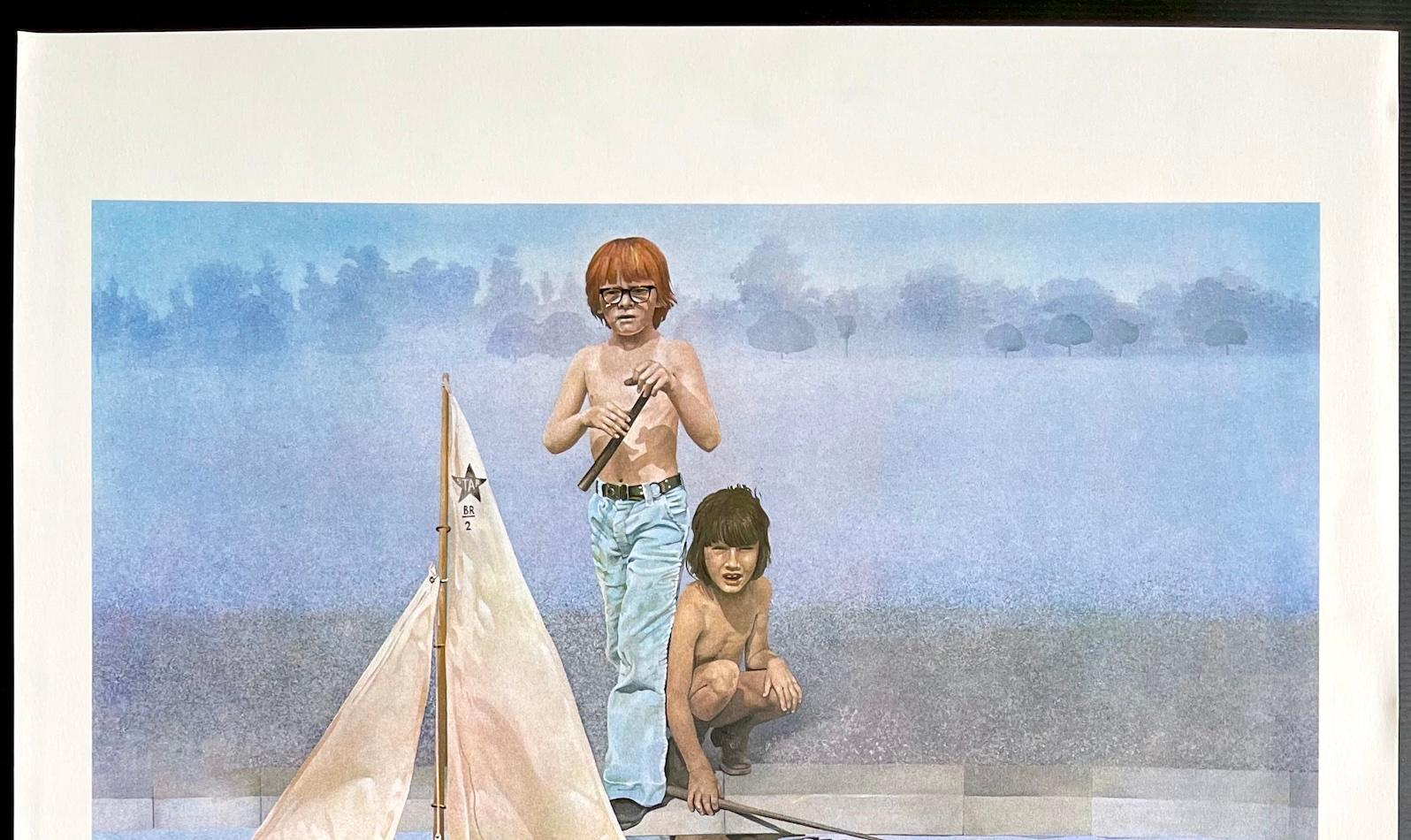 THE ROUND POND Signed Lithograph, Boys with Model Sailboat, Summer Pond - Contemporary Print by Sandra Lawrence