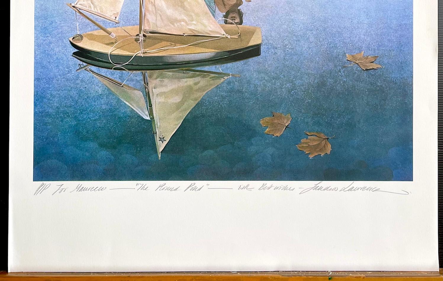 THE ROUND POND Signed Lithograph, Boys with Model Sailboat, Summer Pond - Gray Portrait Print by Sandra Lawrence