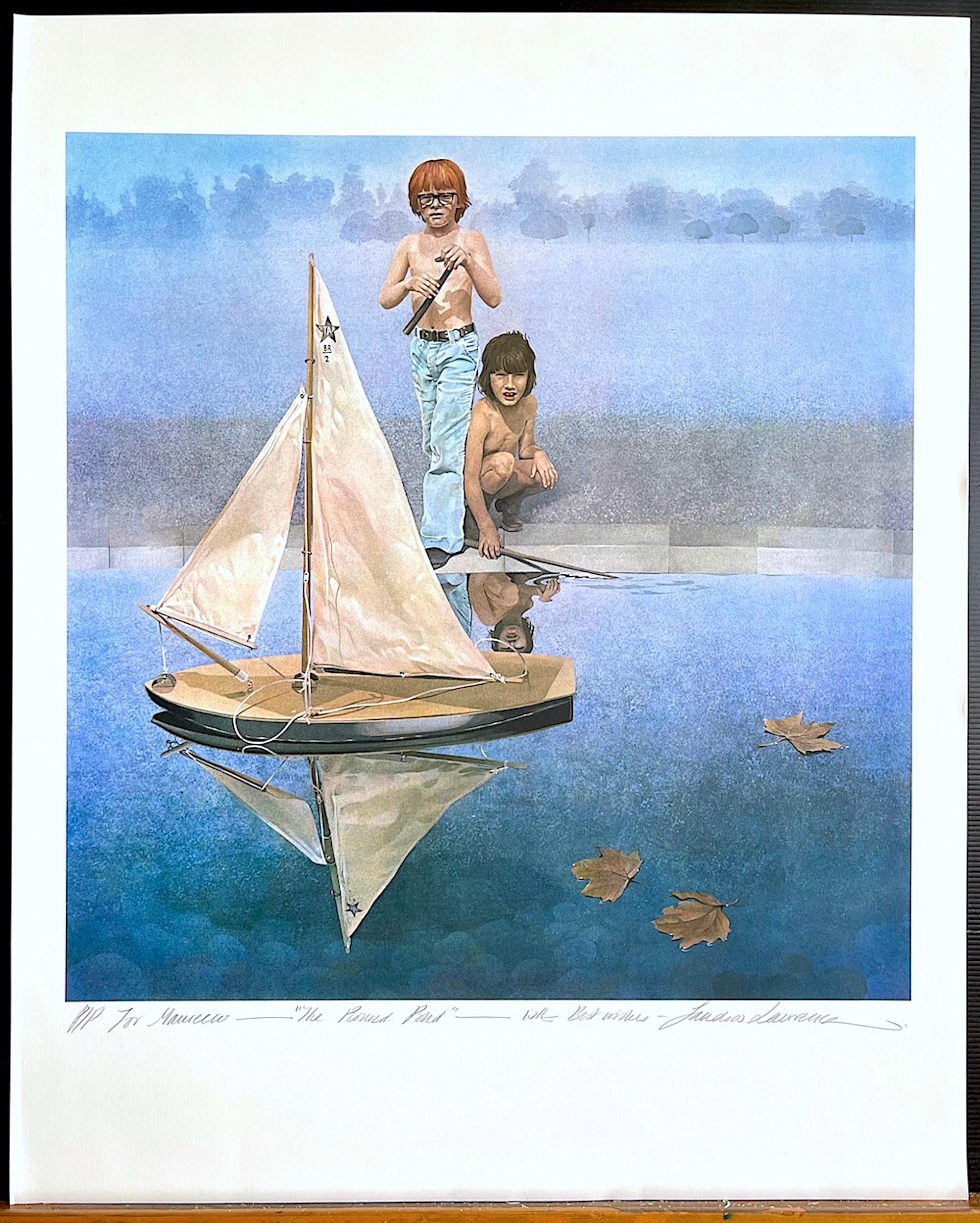 THE ROUND POND Litografía firmada, Muchachos con modelo de velero, estanque de verano en venta 4