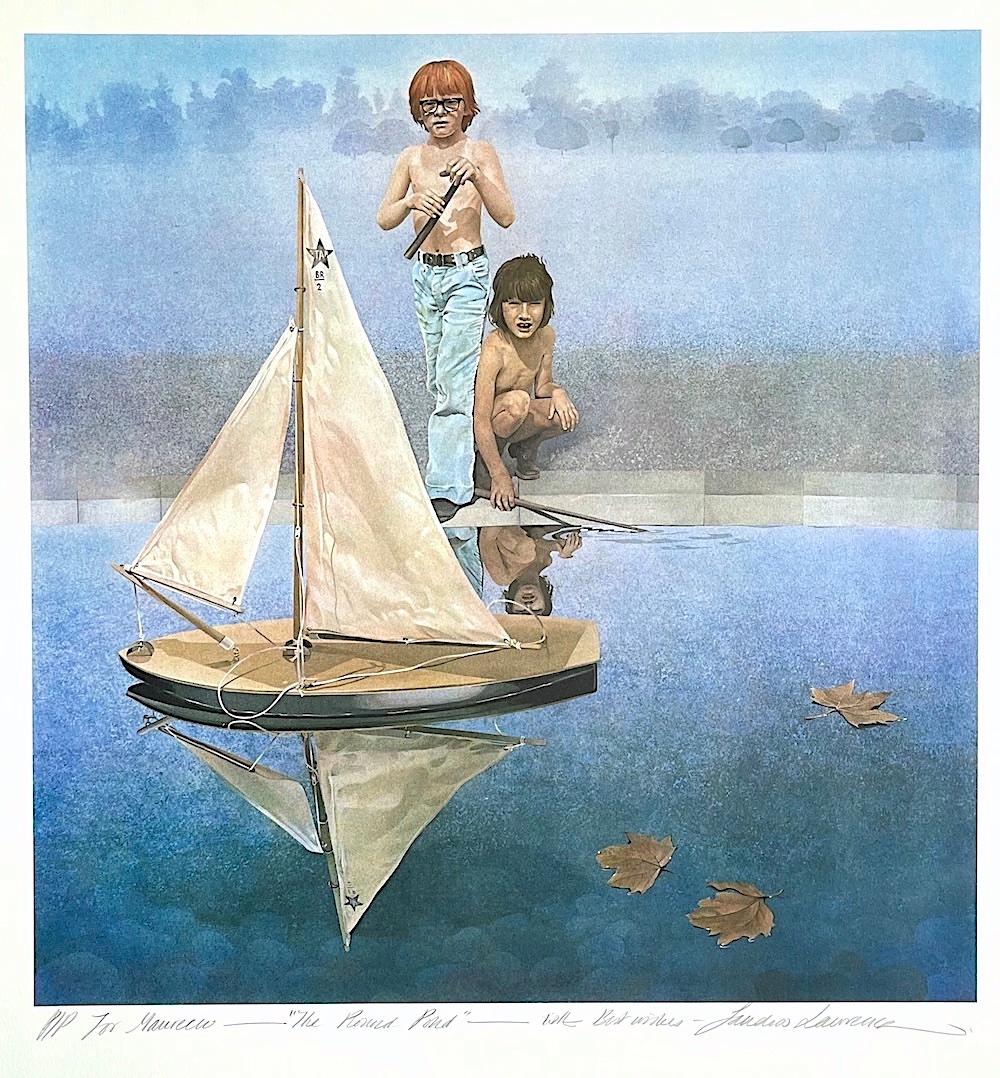 THE ROUND POND Signed Lithograph, Boys with Model Sailboat, Summer Pond - Print by Sandra Lawrence