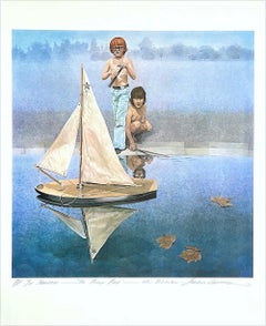 THE ROUND POND Litografia firmata, Ragazzi con modellino di barca a vela, stagno estivo