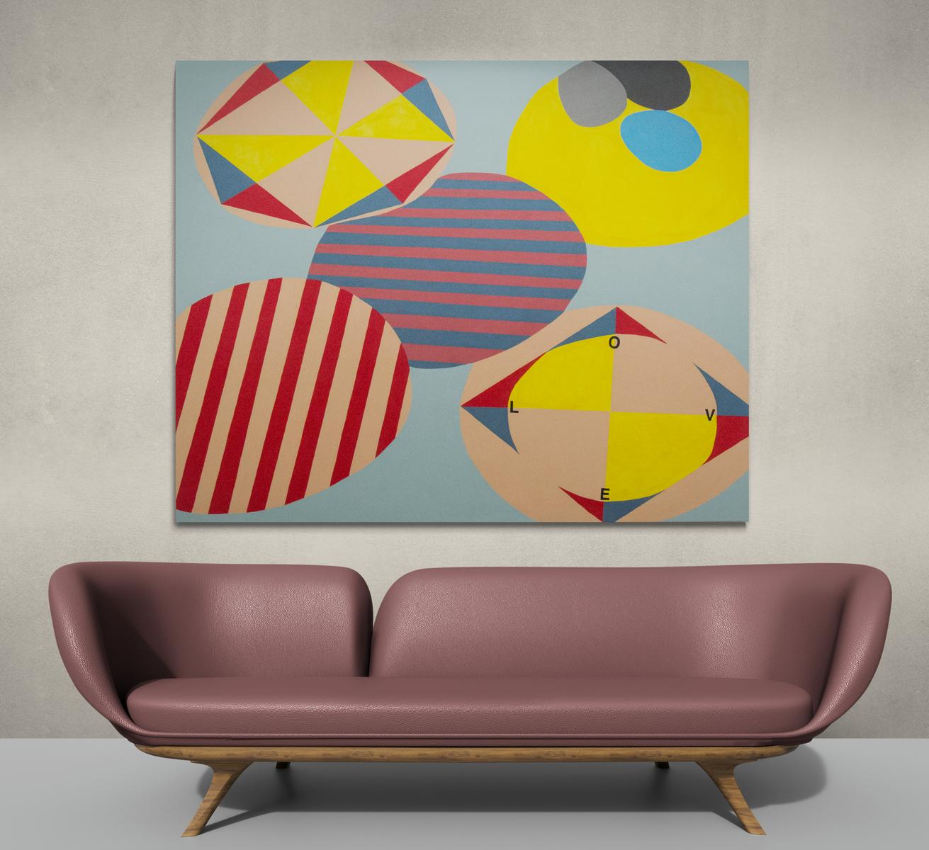 Room for Mystics 1 - Abstract oval shapes in peach, red, yellow and blue  - Brown Abstract Painting by Sandra Meigs