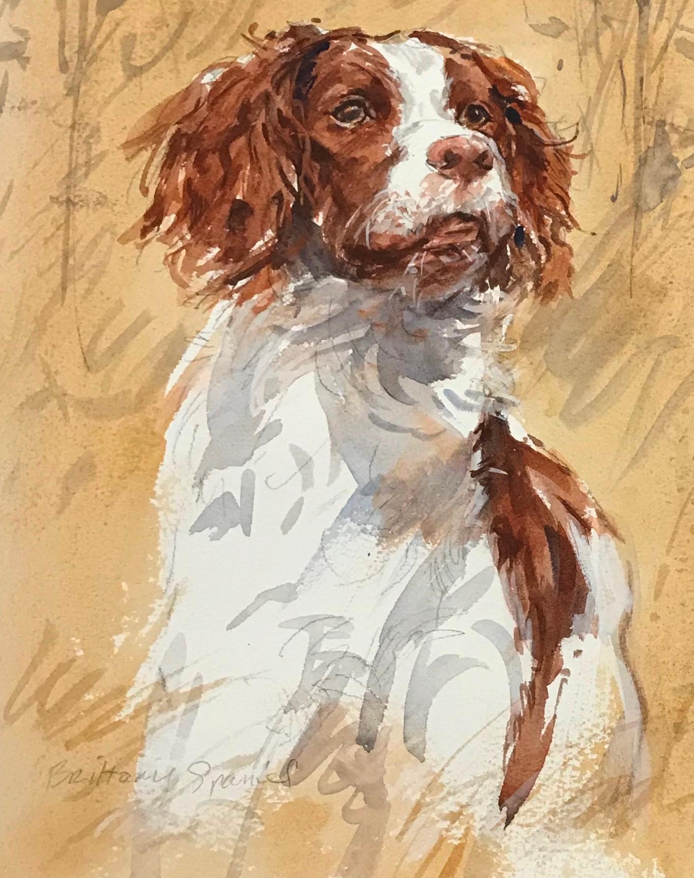 Contemporary Vignette of a Brittany Spaniel Pointing at Pheasants in Flight  - Painting by Sandra Oppegard
