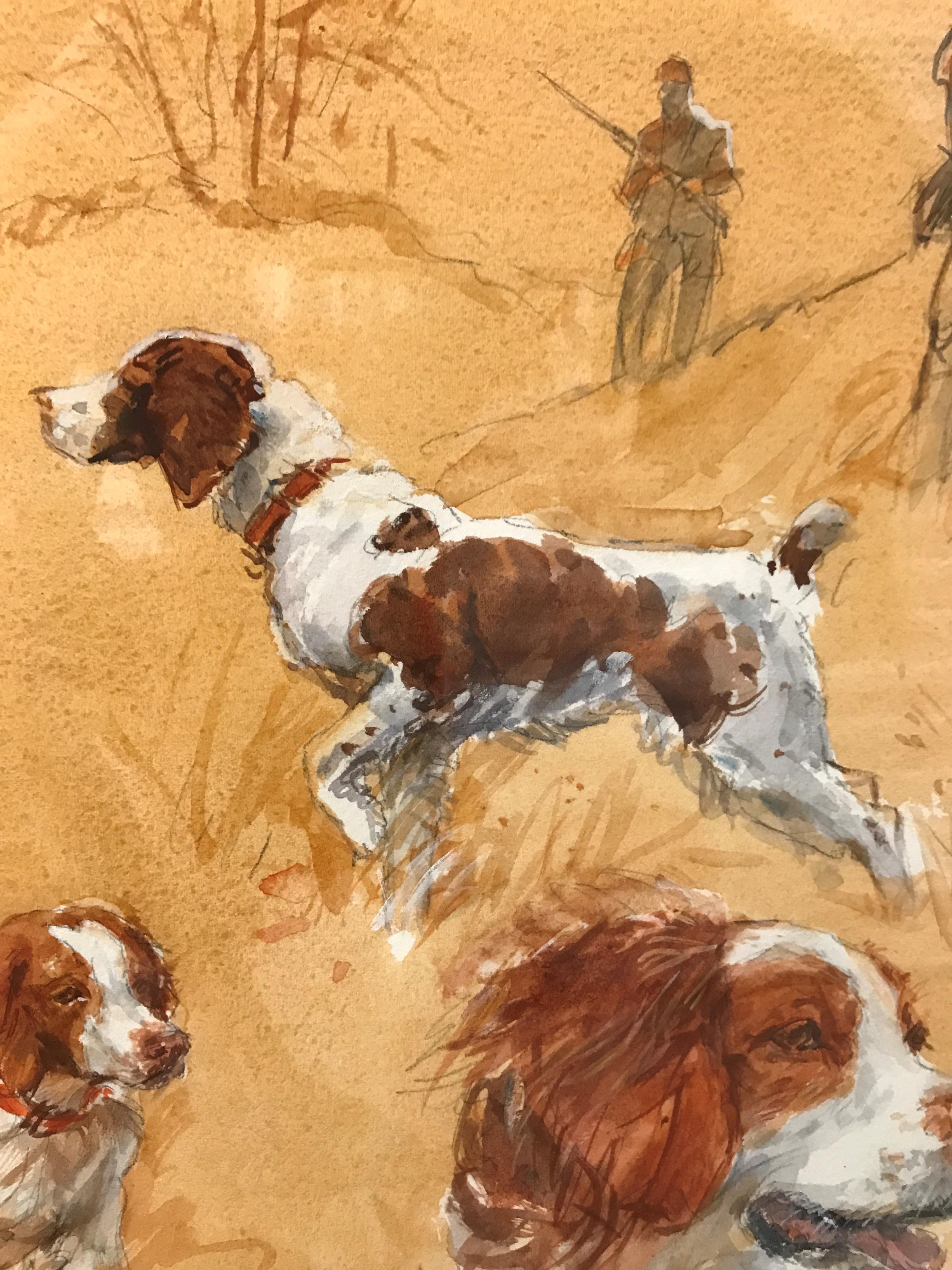 Contemporary Vignette of a Hunter and his Brittany Spaniel's Day in the Field - Painting by Sandra Oppegard