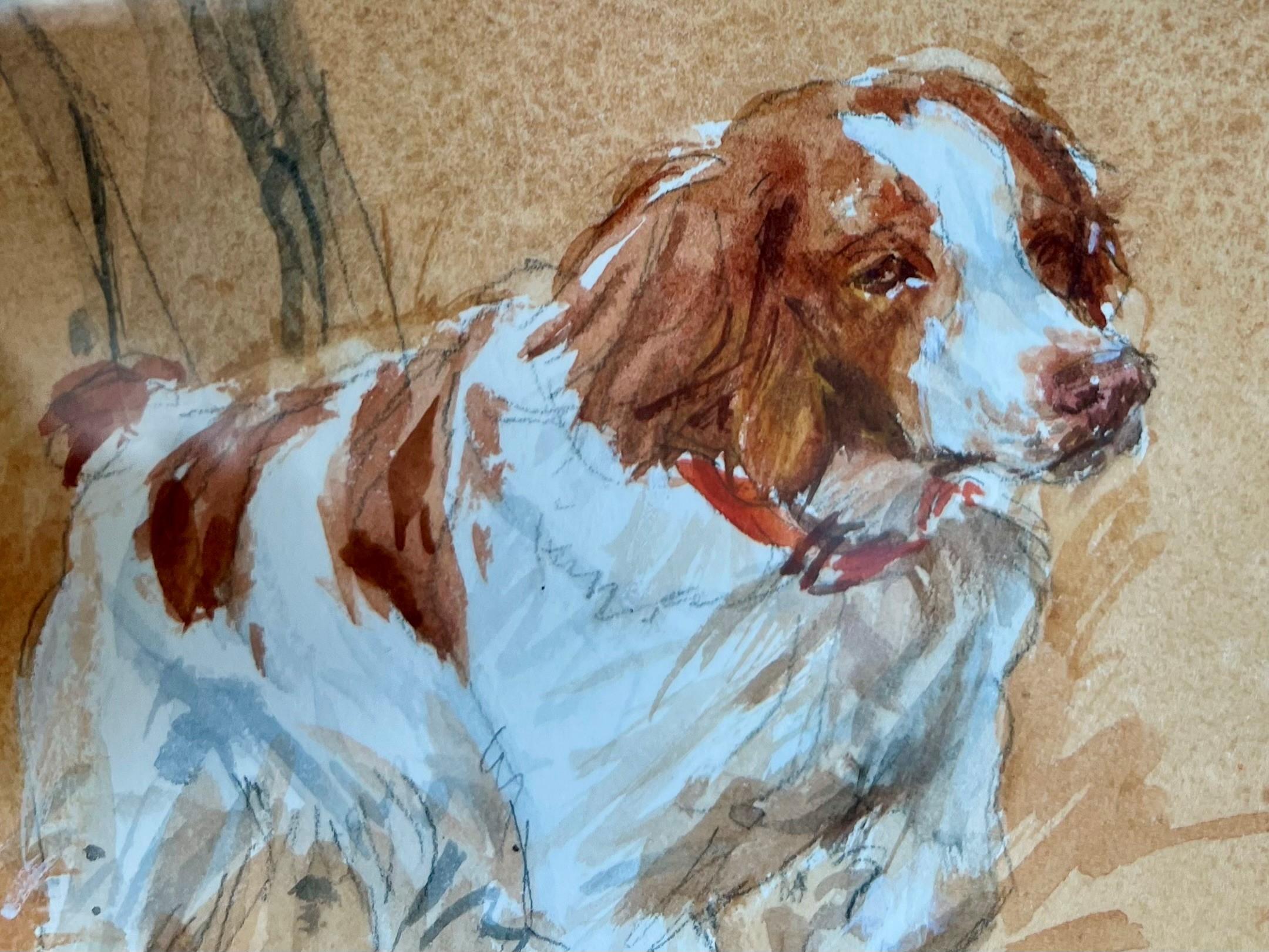 Renowned sporting artist, Sandra Oppegard's charming vignette of a hunter and his Brittany Spaniel's active day in the field captures the essence of the sport of bird hunting.   In this captivating hunting vignette, a majestic Brittany Spaniel dog