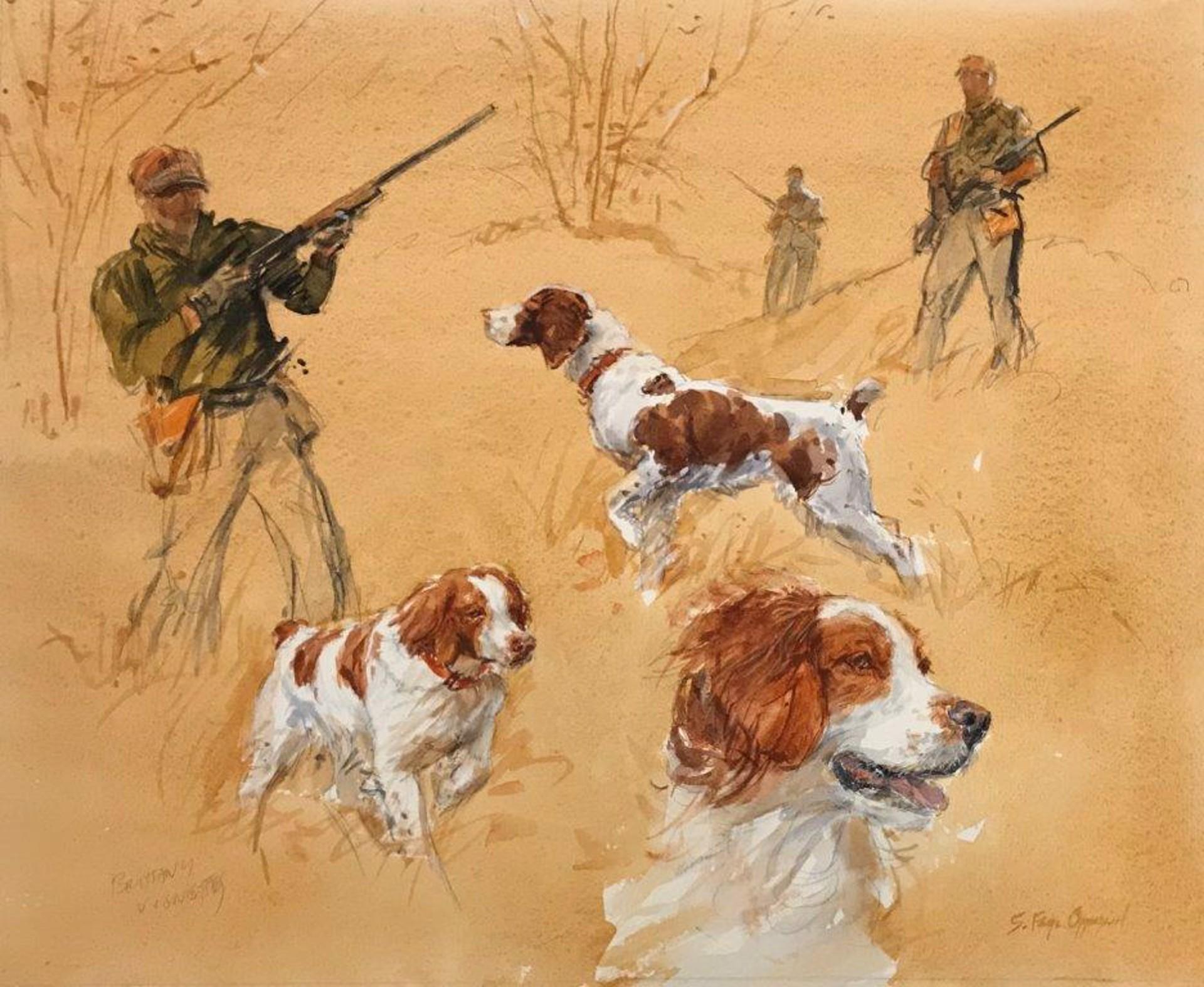 Sandra Oppegard Portrait Painting – The Contemporary Vignette of a Hunter and his Brittany Spaniel's Day in the Field