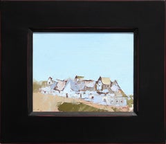 "Dairy Farm" - Peinture moderne abstraite de paysage bleu ciel d'un village sur une colline